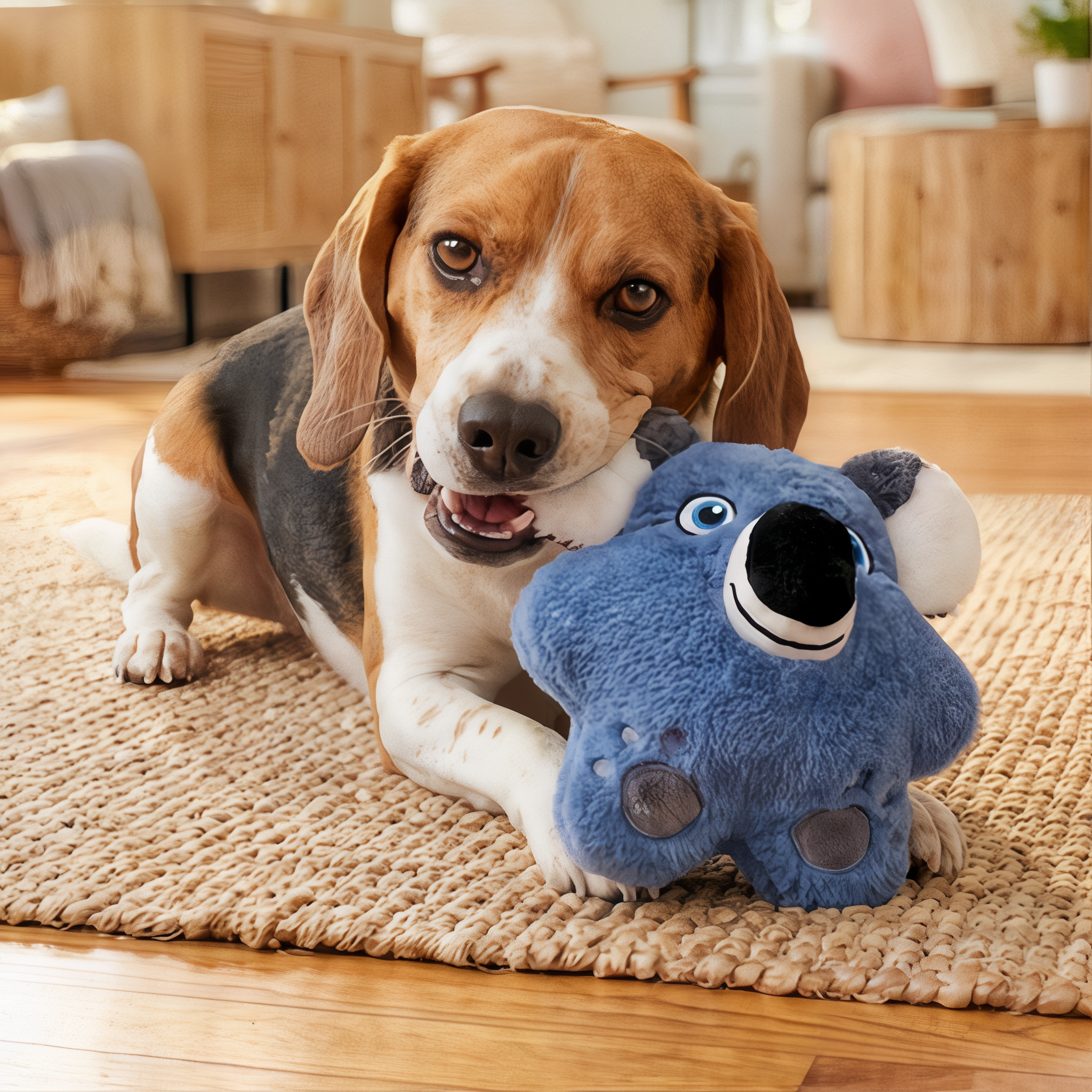 Beagle playing with KONG Snuzzles Koala plush dog toy