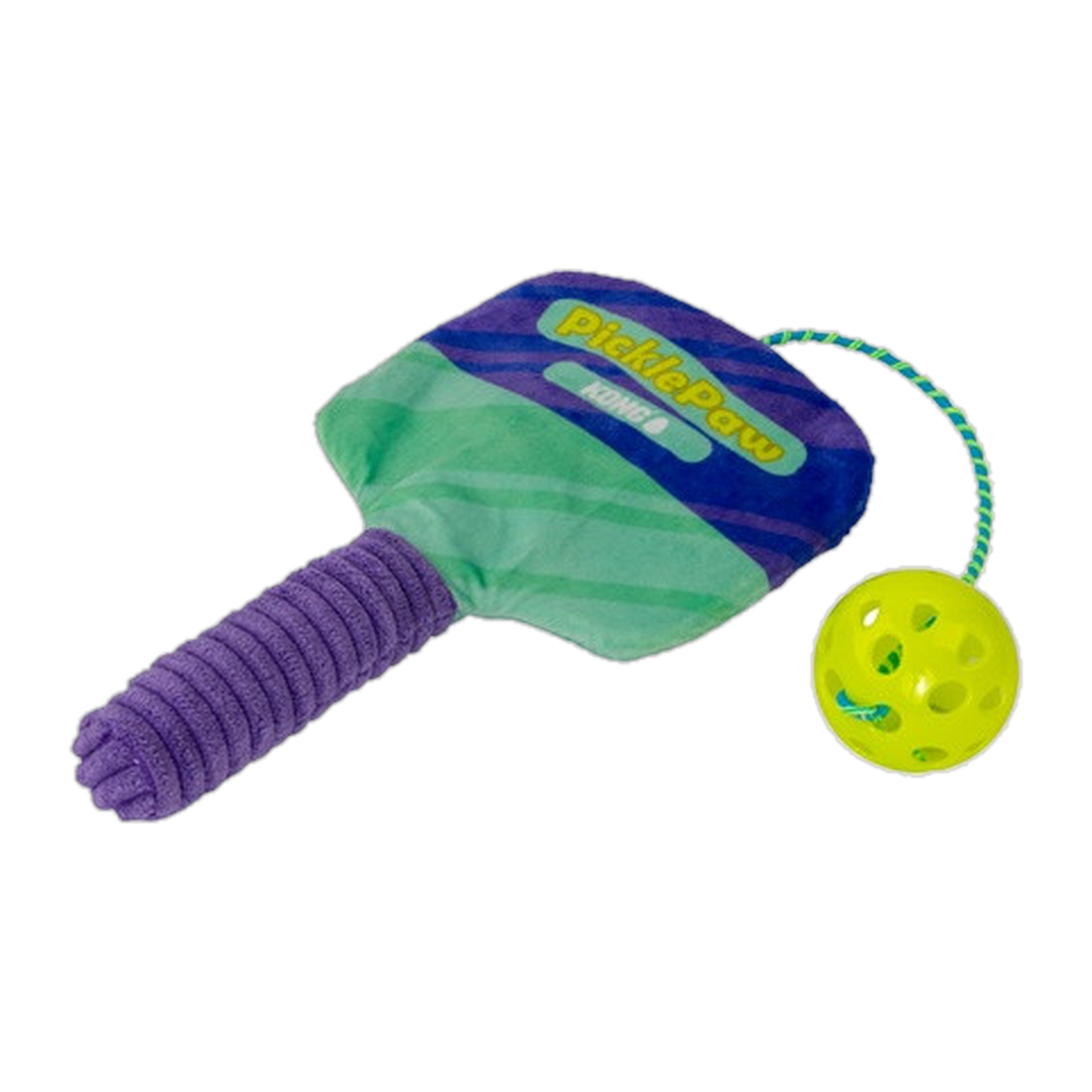 PicklePaw crinkly paddle and jingling ball on elastic cord, angled view