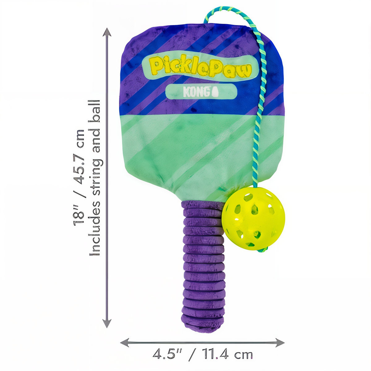PicklePaw dimensions 4.5 by 18 inches including string and ball