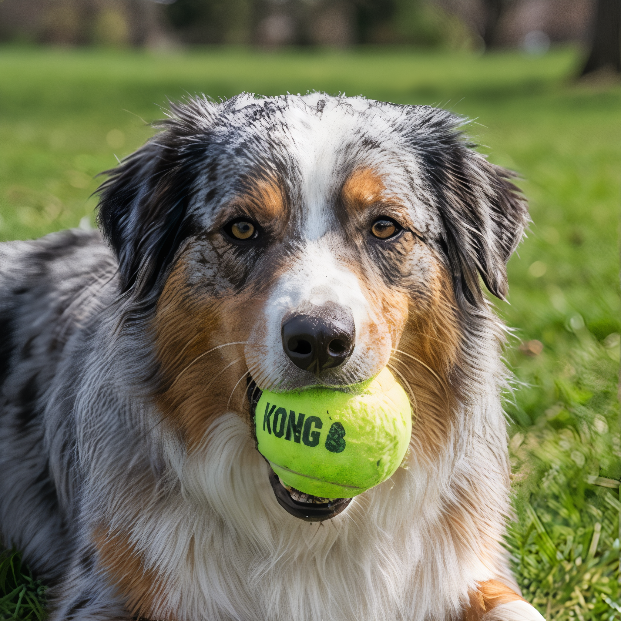 Australian Shepherd carrying a KONG SqueakAir Ball in its mouth