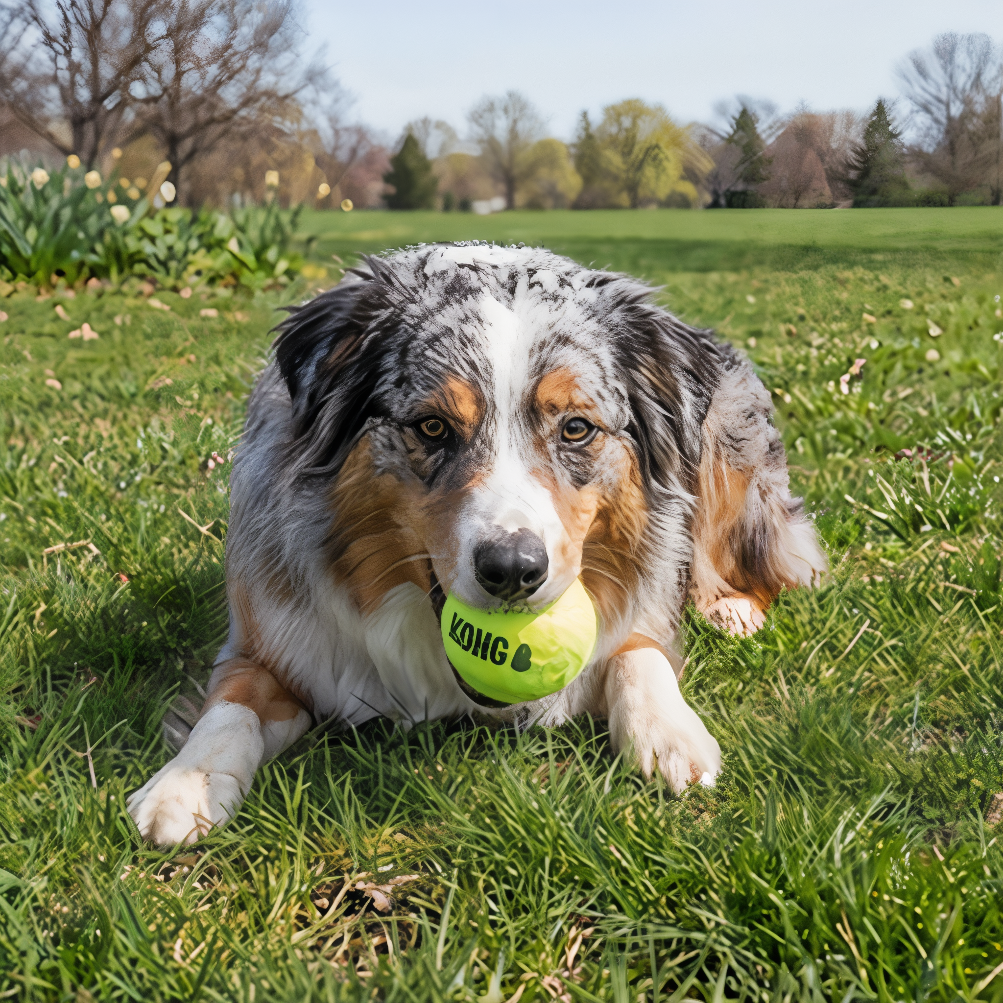 Australian Shepherd holding a KONG SqueakAir Ball at the park