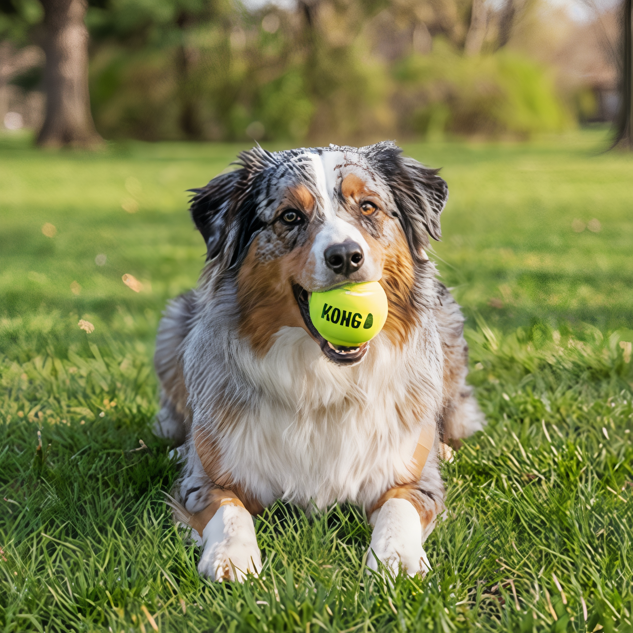 Australian Shepherd resting in the grass with a KONG SqueakAir Ball