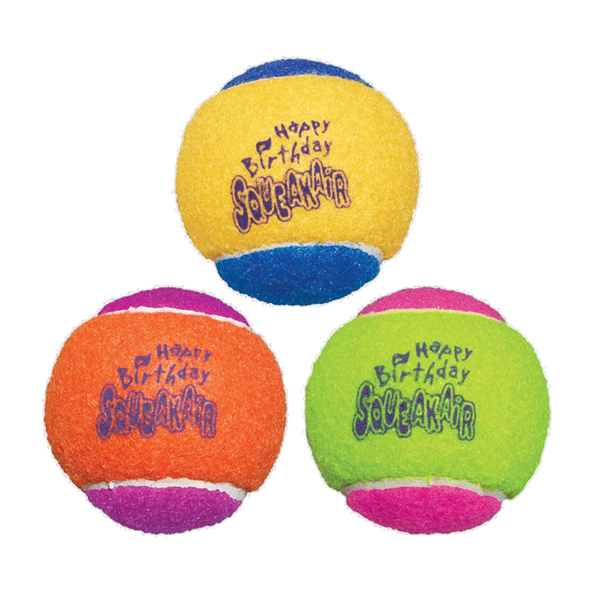 KONG SqueakAir Birthday Balls, three medium squeaky tennis balls in yellow, orange and green with Happy Birthday print