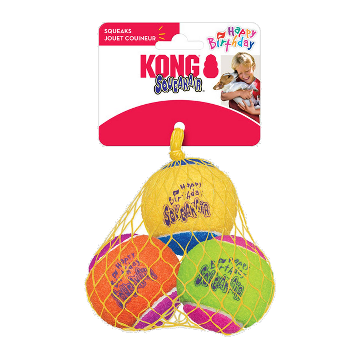 KONG SqueakAir Birthday Balls 3 pack in mesh bag on KONG header card
