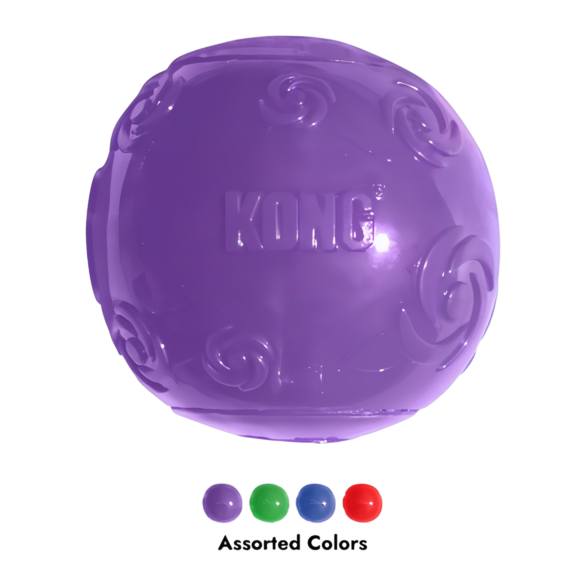 KONG Squeezz Ball comes in assorted colors purple green blue and red