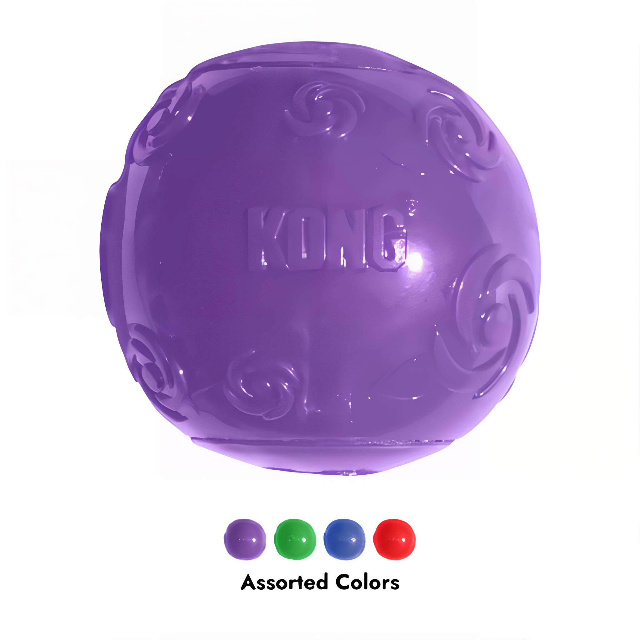 KONG Squeezz Ball assorted colors: purple, green, blue, and red