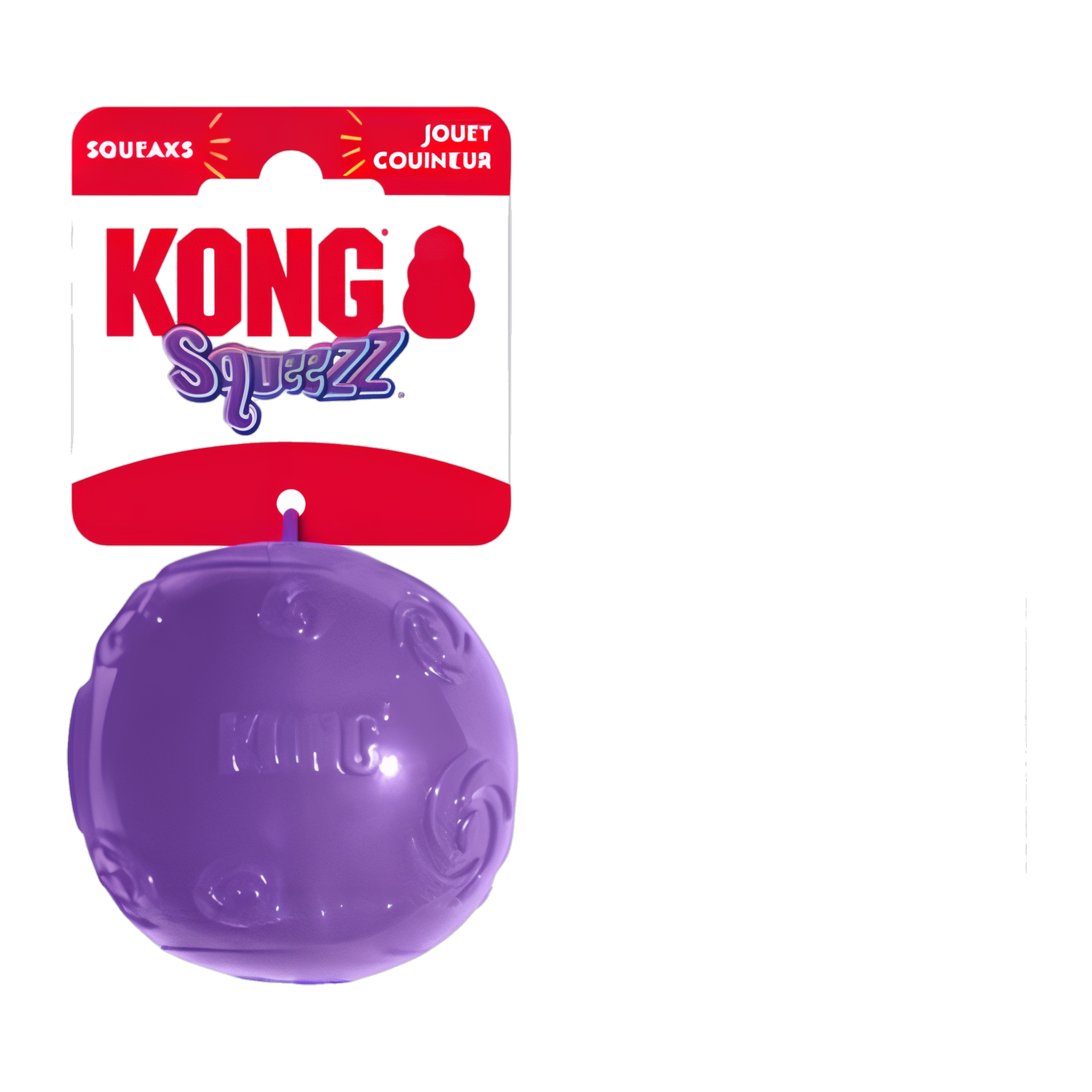 KONG Squeezz Ball Large retail packaging, purple ball