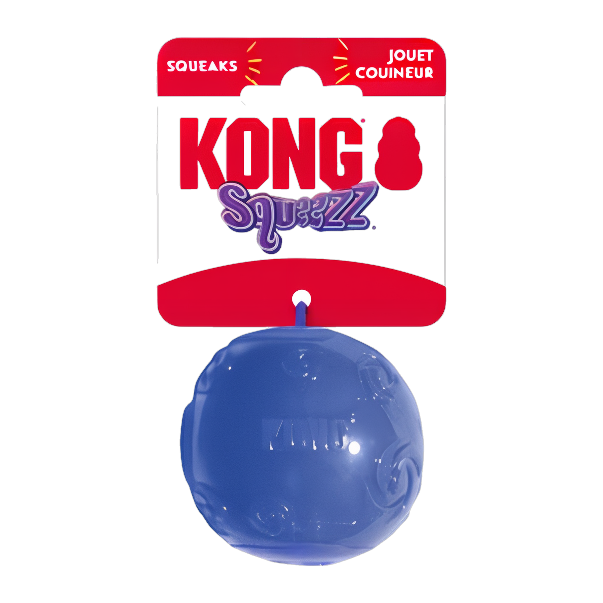 Blue KONG Squeezz Ball shown in its retail packaging