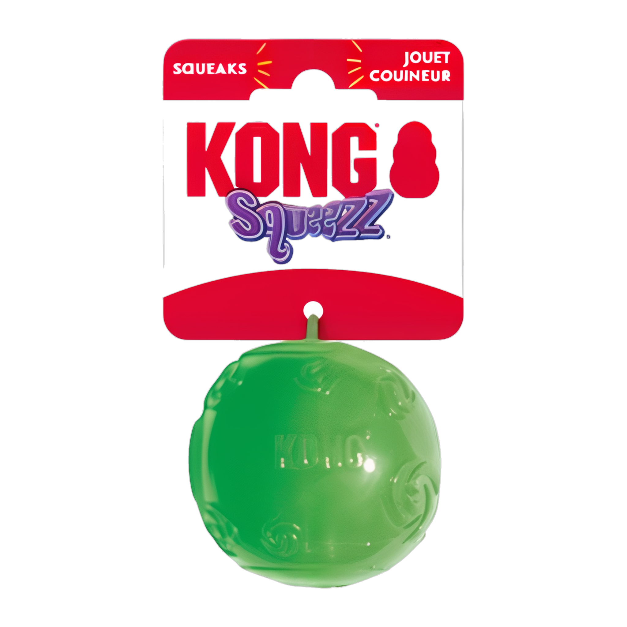 Green KONG Squeezz Ball shown in its retail packaging