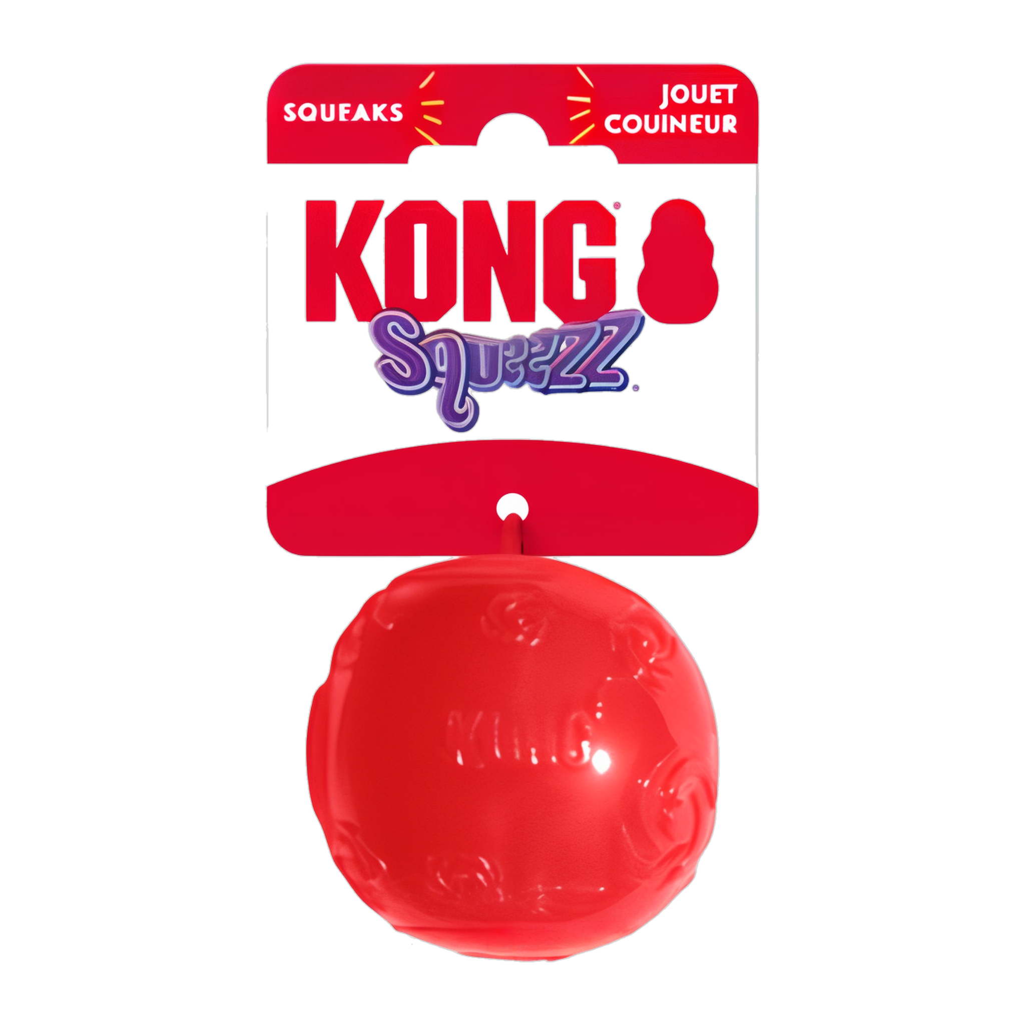 Red KONG Squeezz Ball shown in its retail packaging
