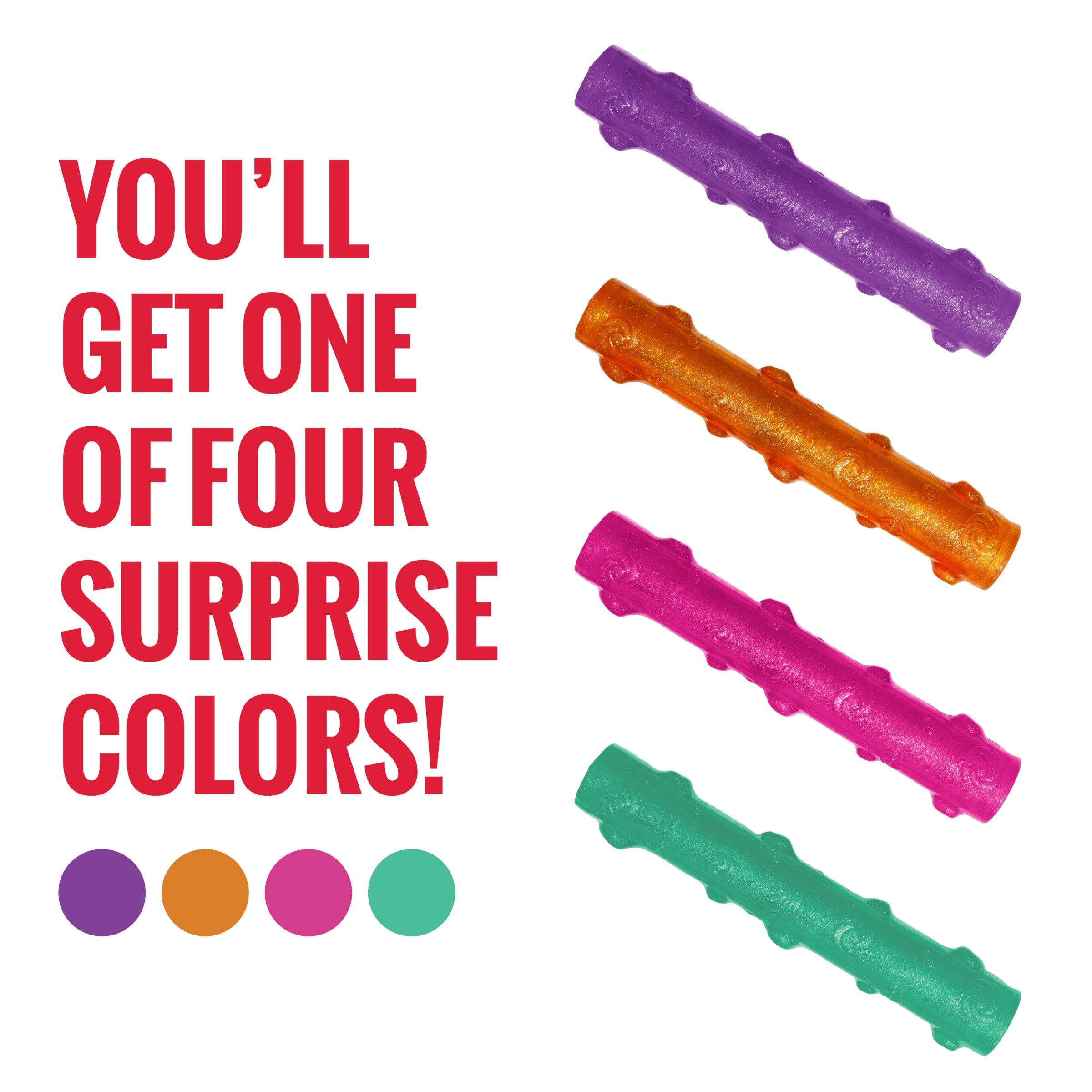 KONG Squeezz Crackle Stick comes in one of four surprise colors