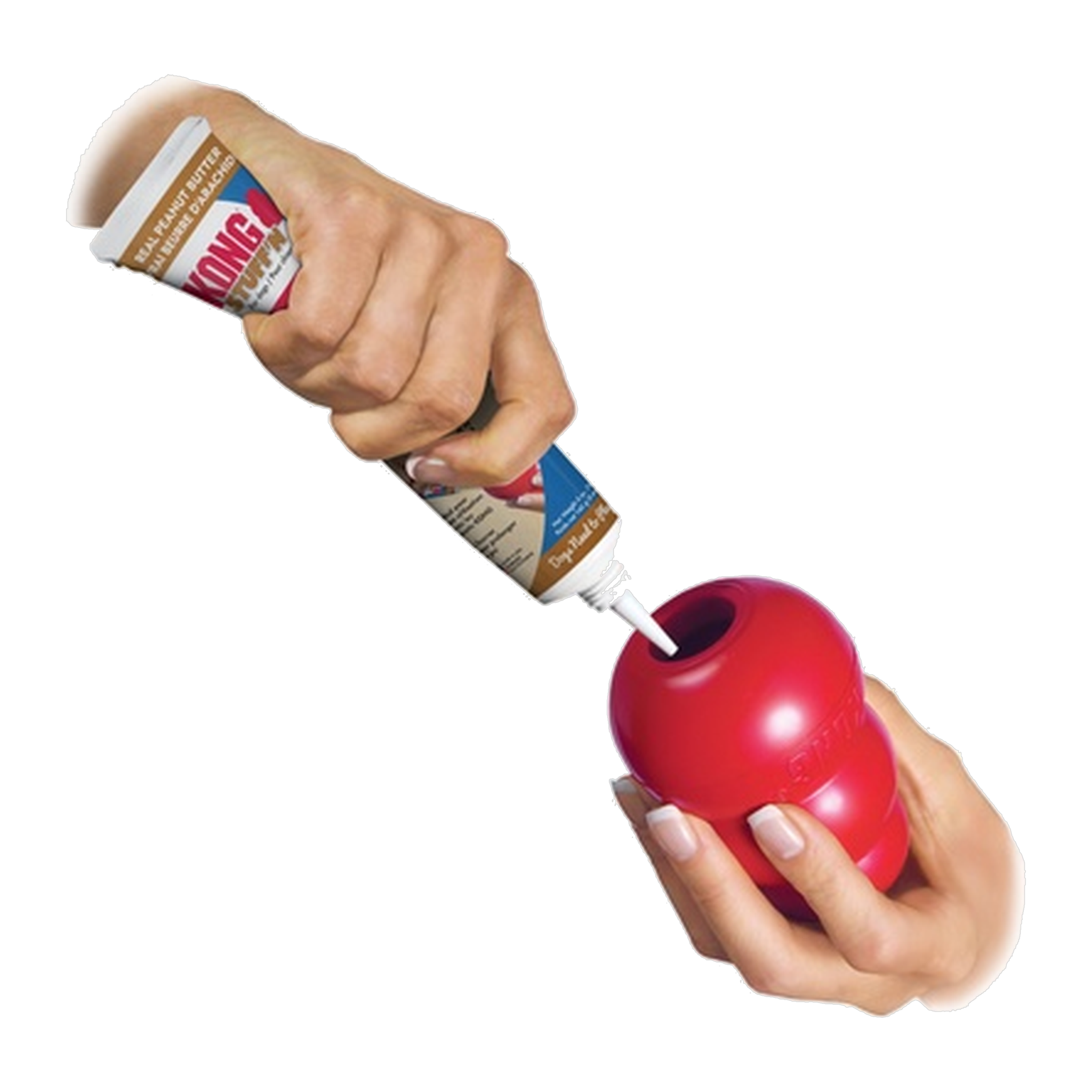 Squeezing KONG Stuff'n Peanut Butter into a red KONG Classic toy