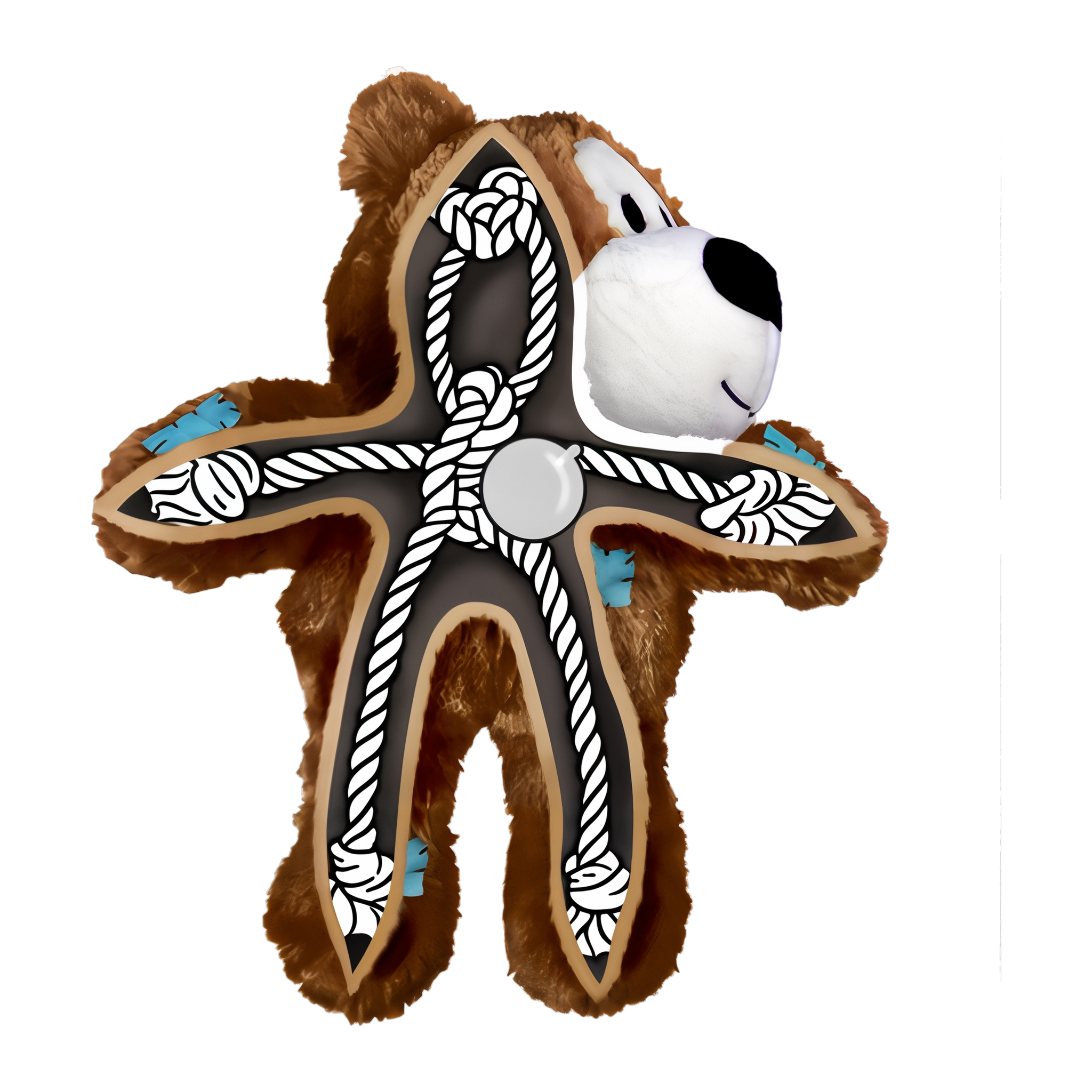 Cutaway illustration of KONG Wild Knots Bear showing internal knotted rope skeleton and squeaker