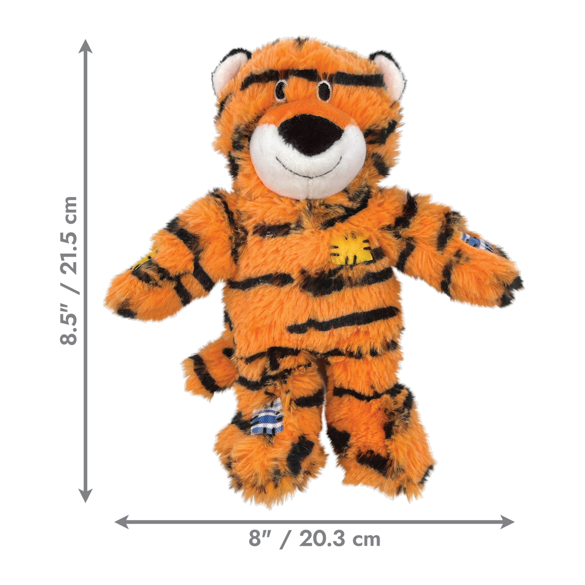 KONG Wild Knots Tiger dog toy dimensions 8.5 inches tall by 8 inches wide