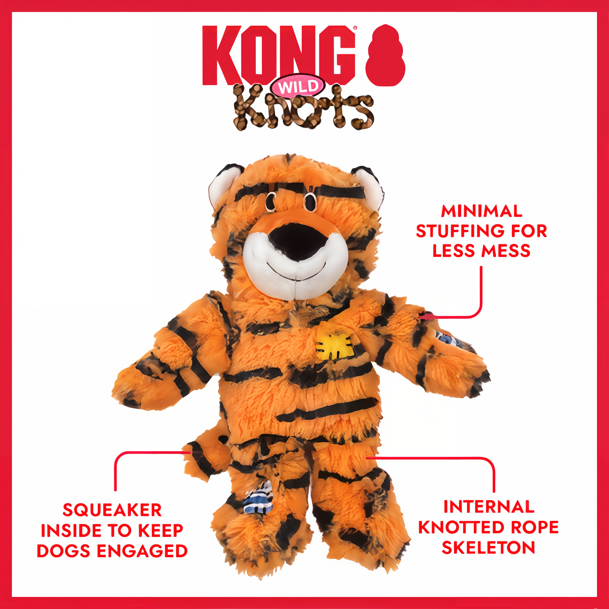 KONG Wild Knots Tiger features minimal stuffing squeaker and internal rope skeleton