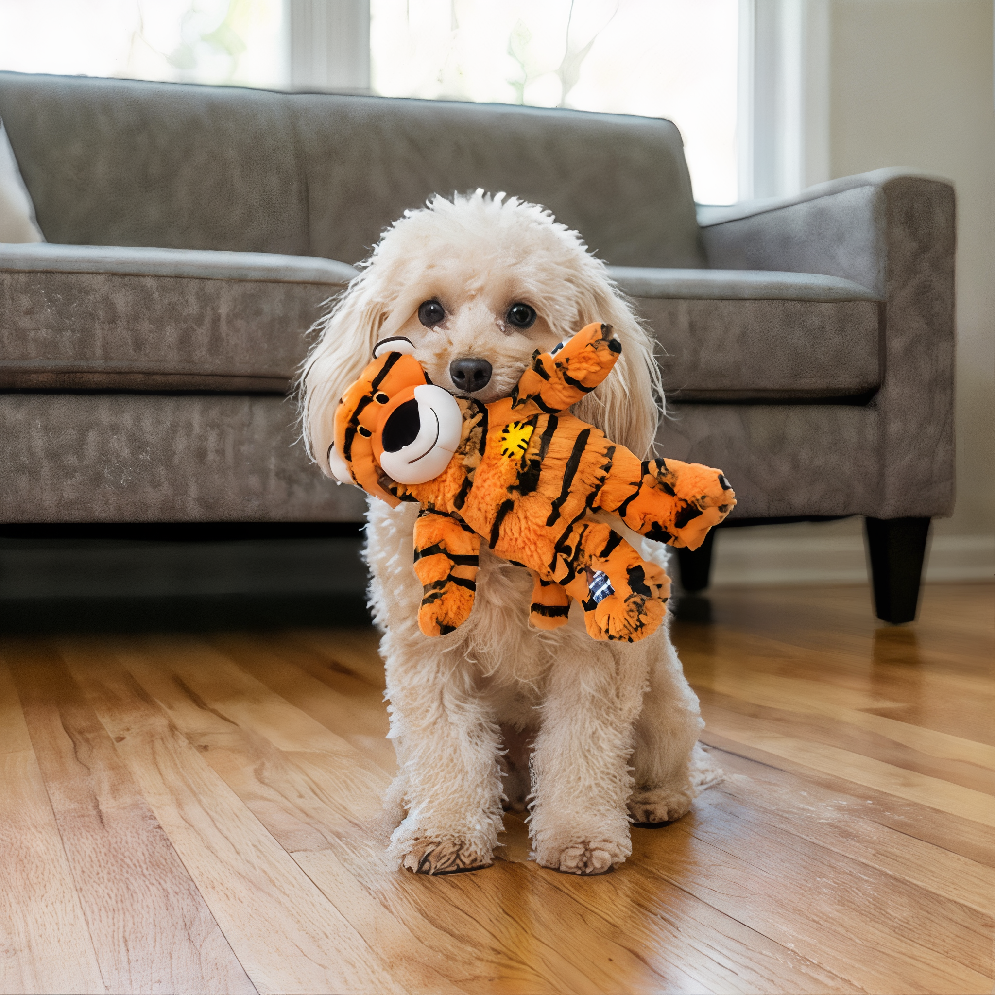 Dog carrying the KONG Wild Knots Tiger plush dog toy