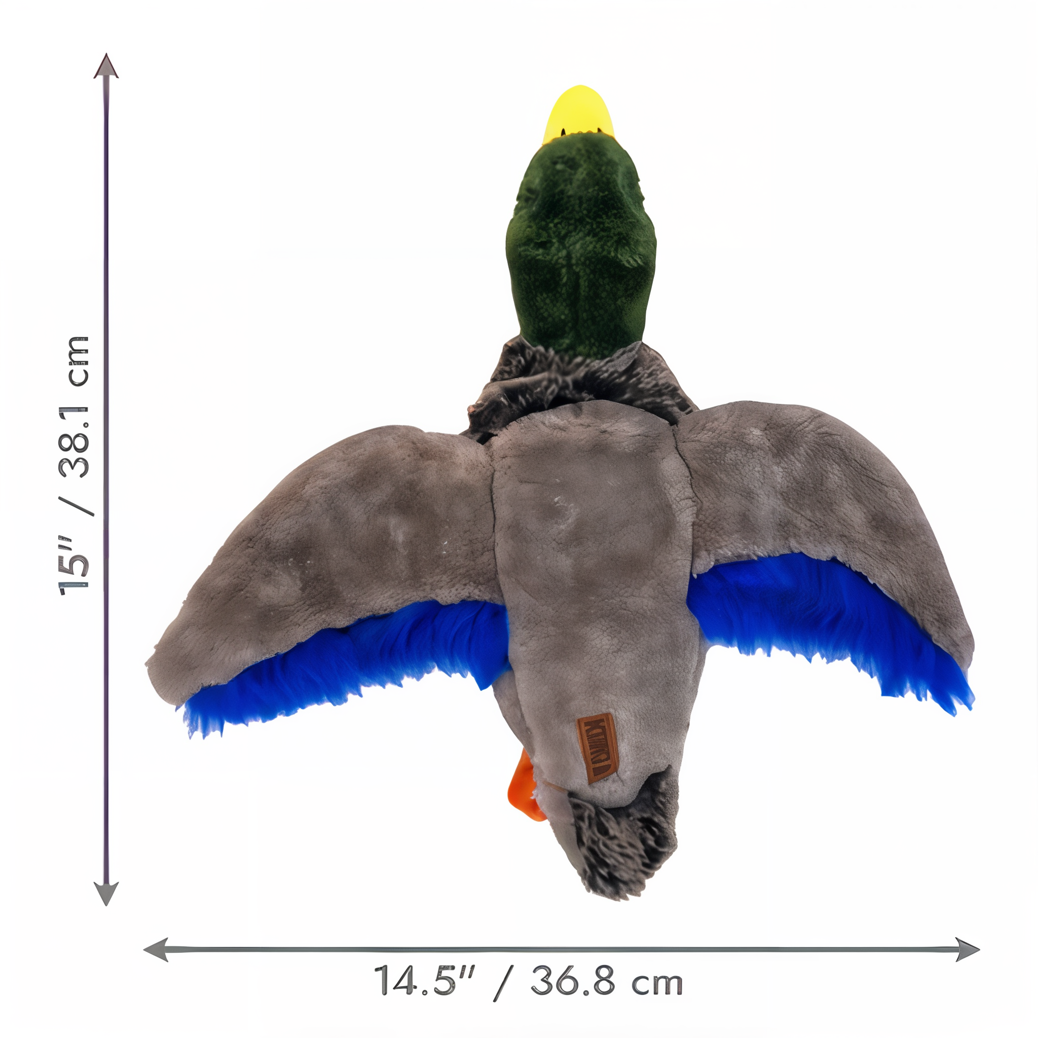 KONG Wild Low Stuff Mallard dog toy dimensions, 14.5 inches wide by 15 inches tall