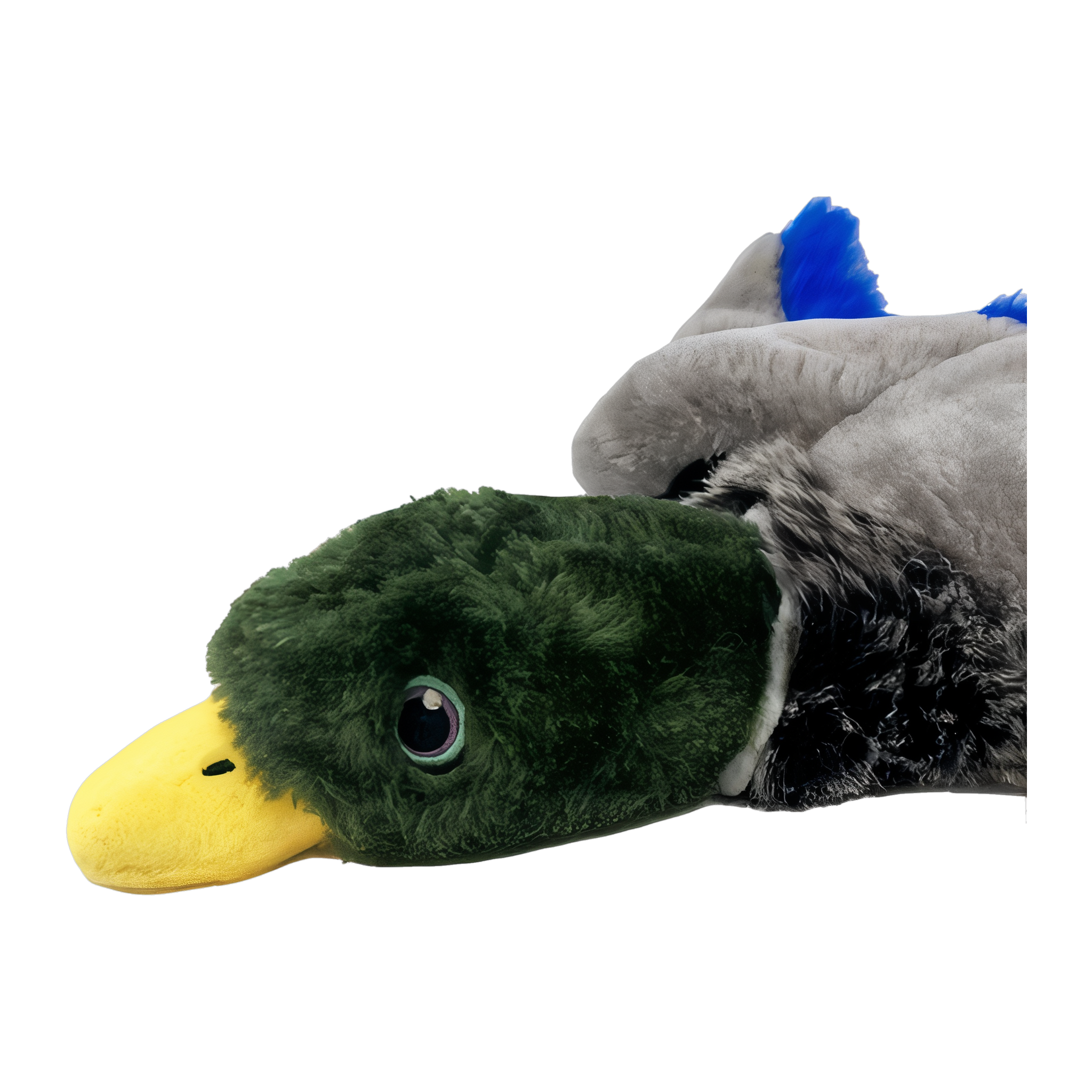 Close-up of the KONG Wild Low Stuff Mallard dog toy green head and yellow bill