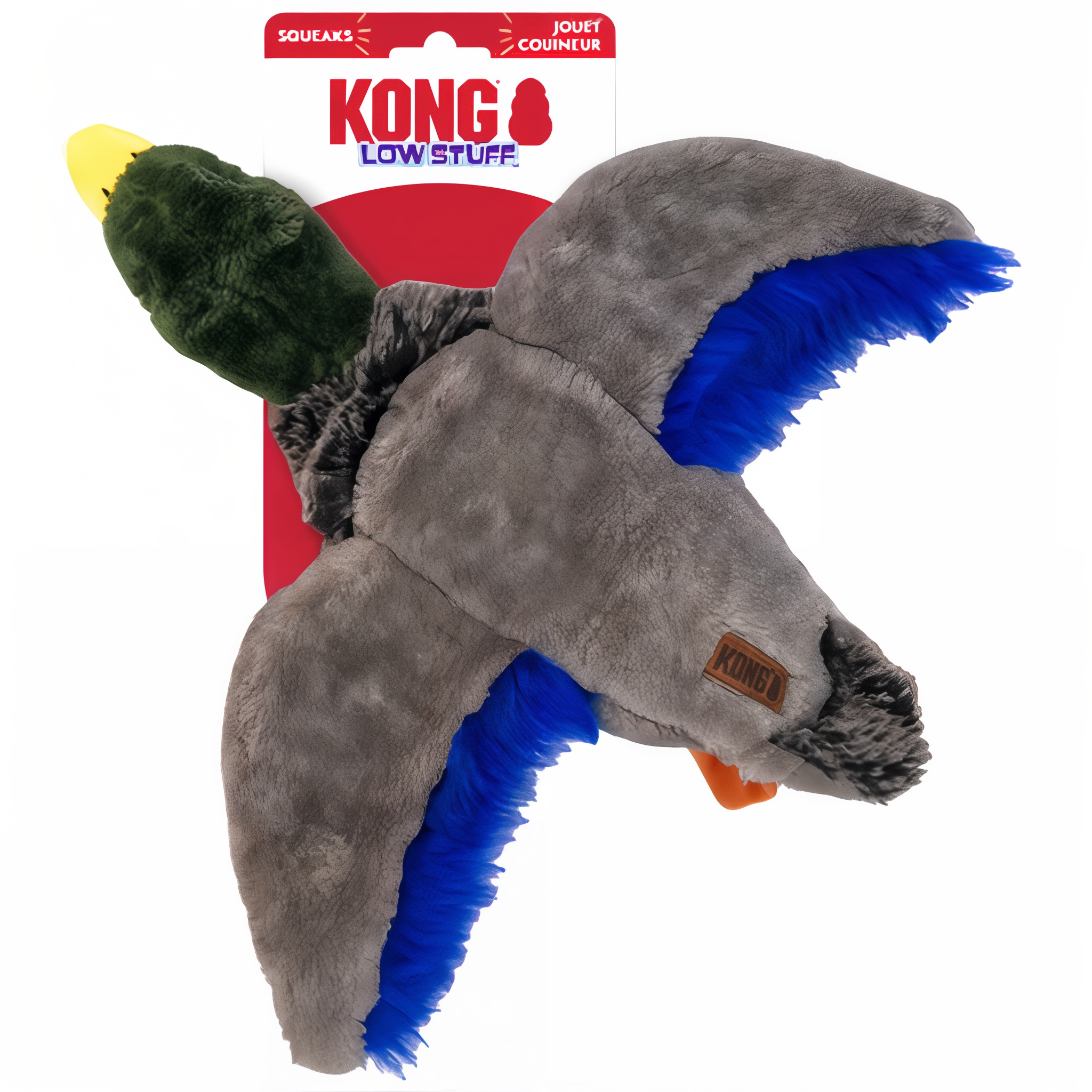 KONG Wild Low Stuff Mallard dog toy shown on KONG Low Stuff retail packaging