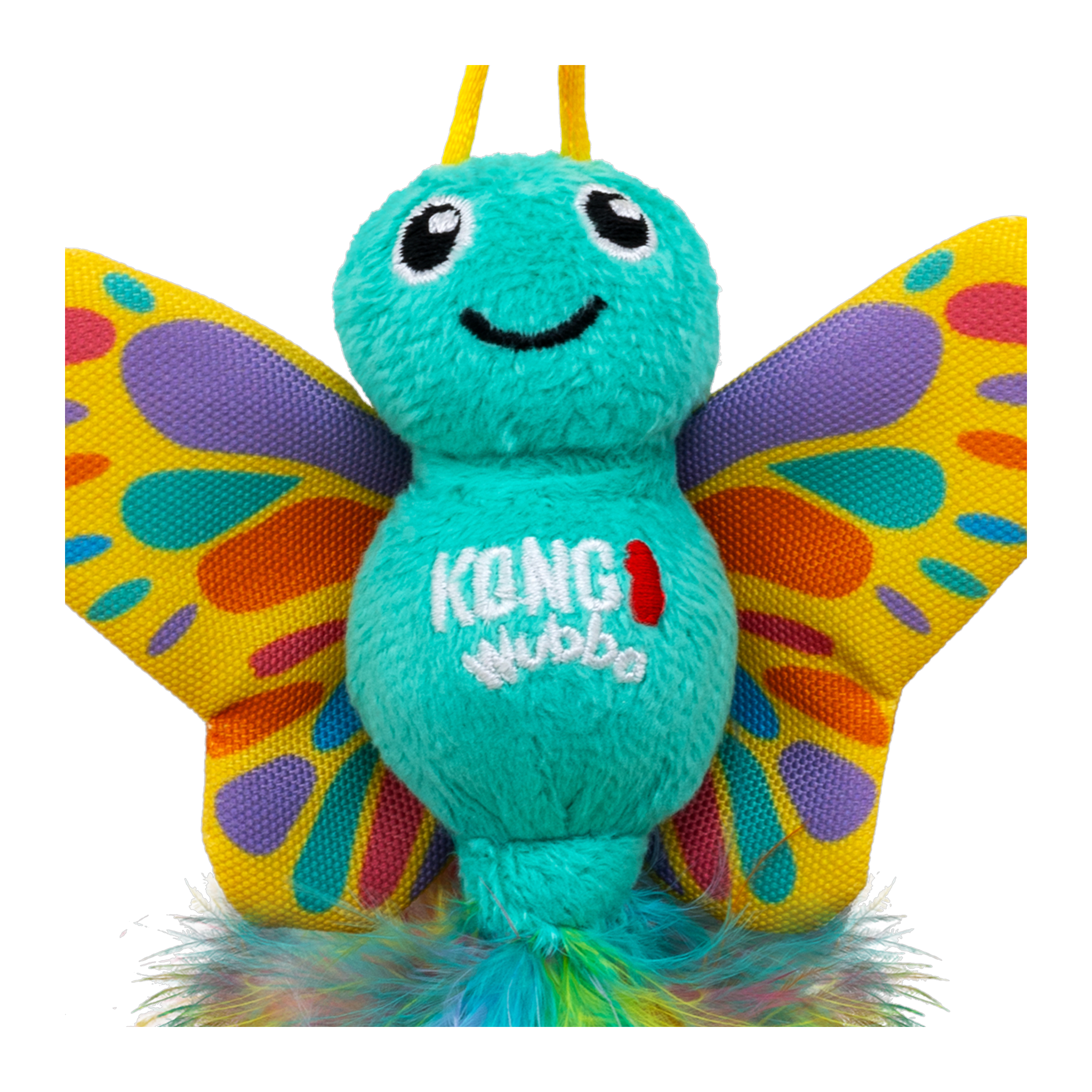 Close-up of the KONG Wubba Butterfly cat toy embroidered face and crackly wings