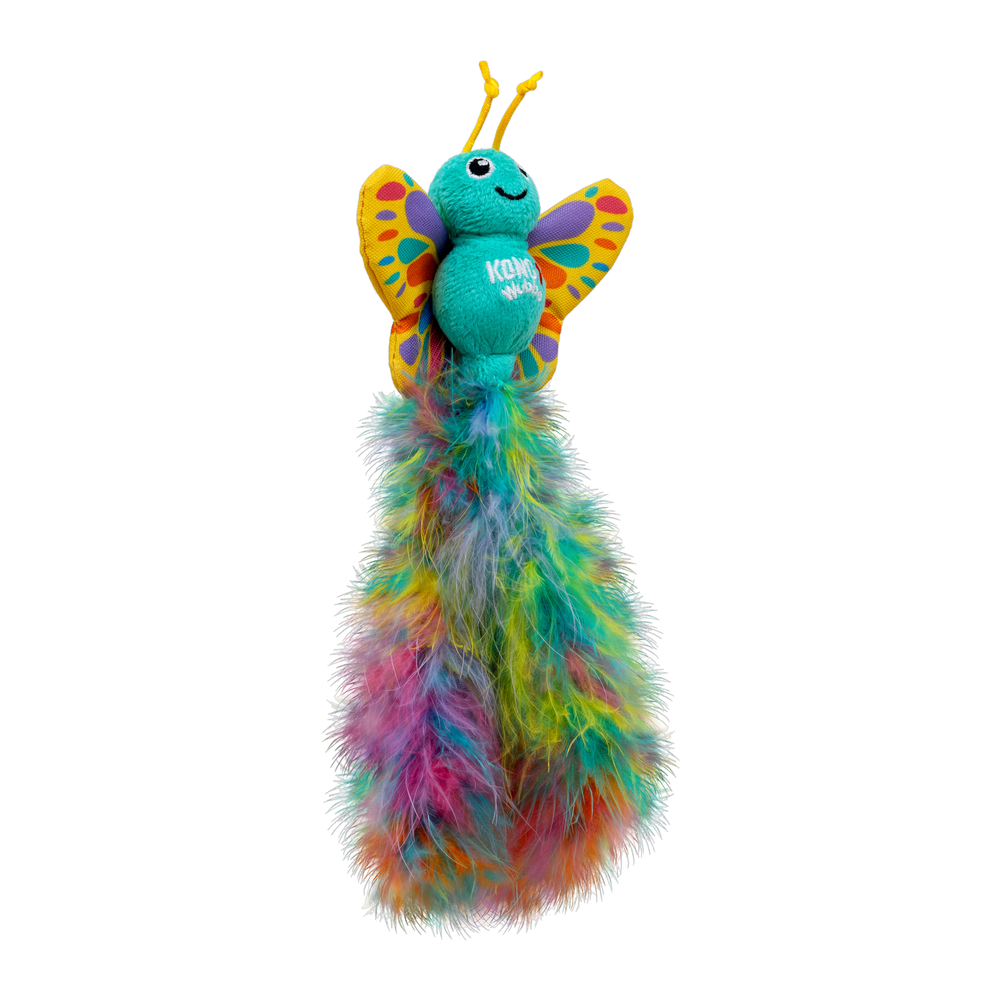 KONG Wubba Butterfly cat toy side view with long rainbow feather tail