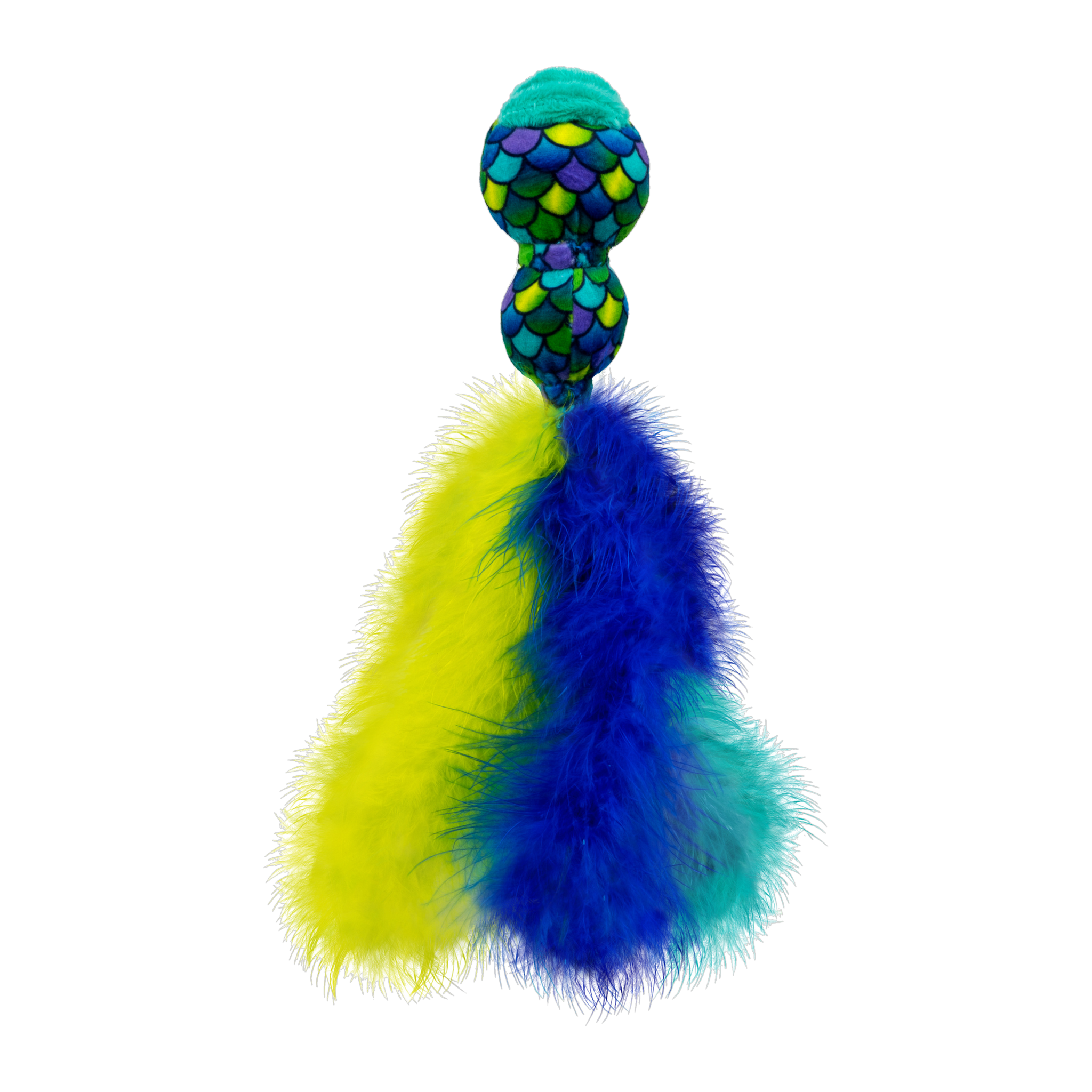 KONG Wubba Fish cat toy, yellow and blue feather colorway