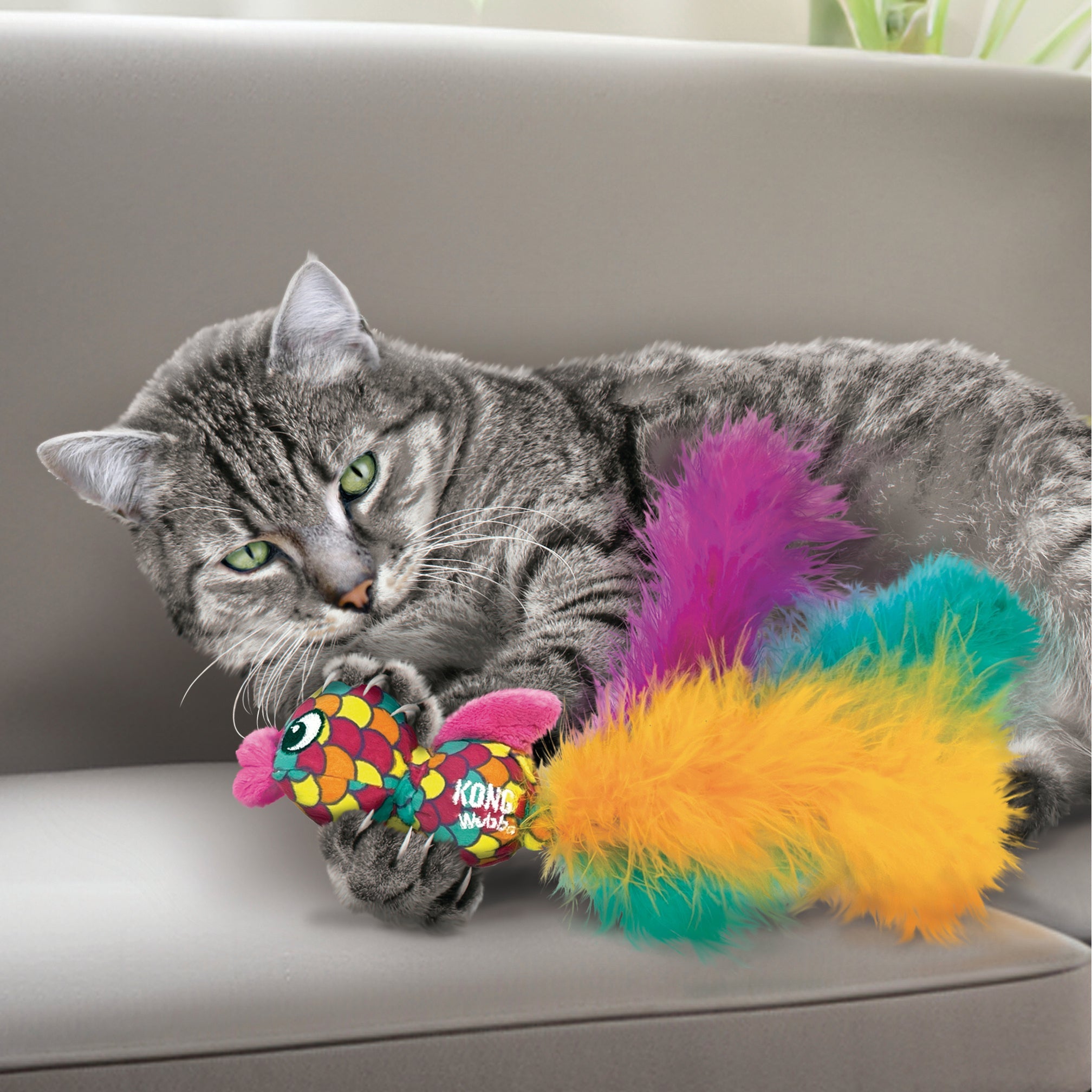 Cat playing with KONG Wubba Fish toy on a couch
