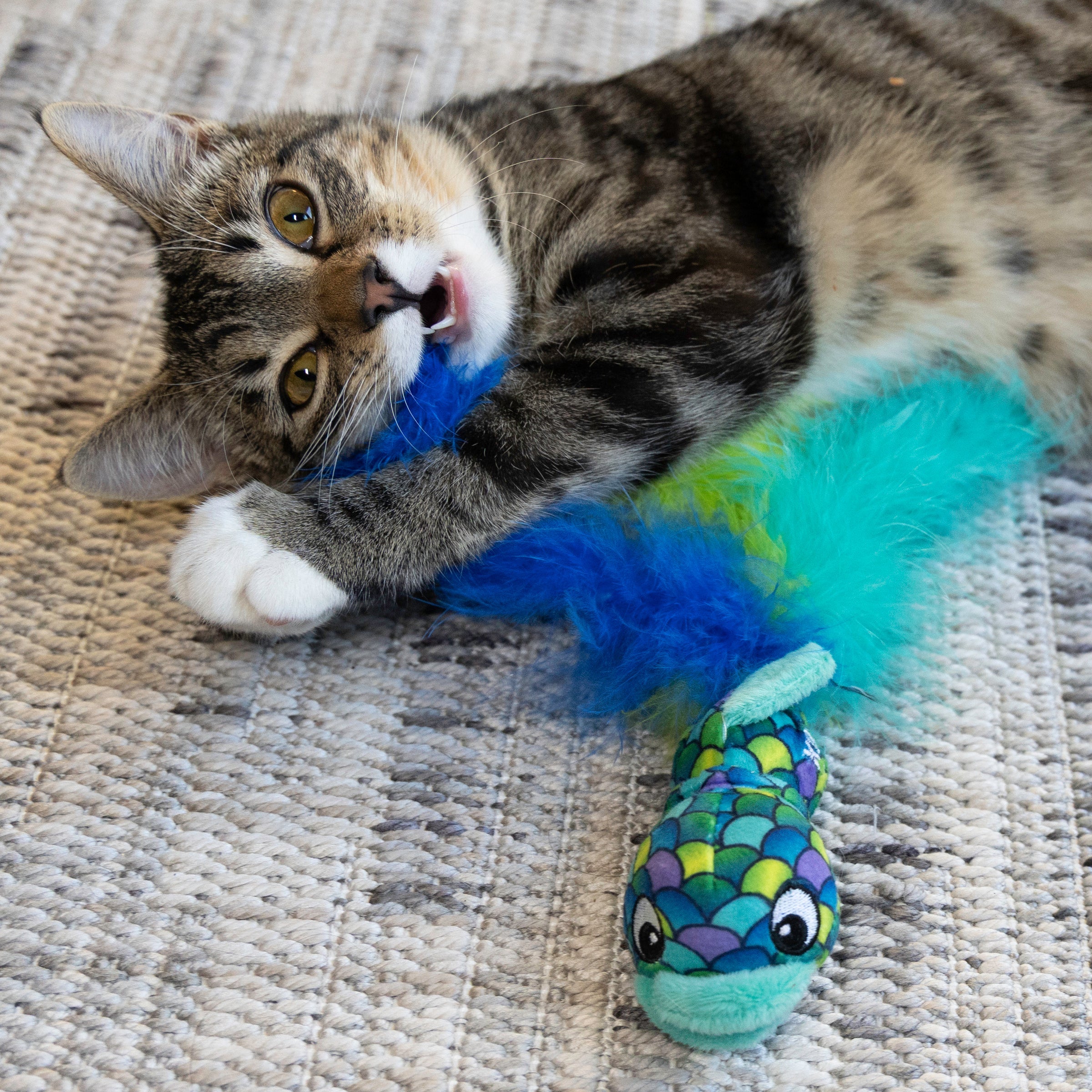 Kitten bunny-kicking KONG Wubba Fish feather tail