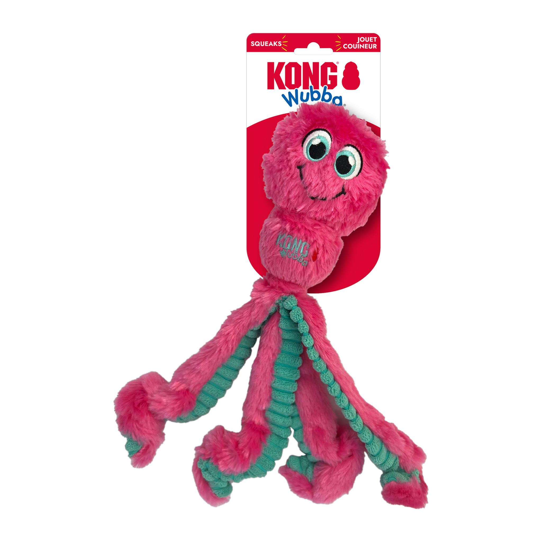 KONG Wubba Octopus dog toy on retail packaging card, pink