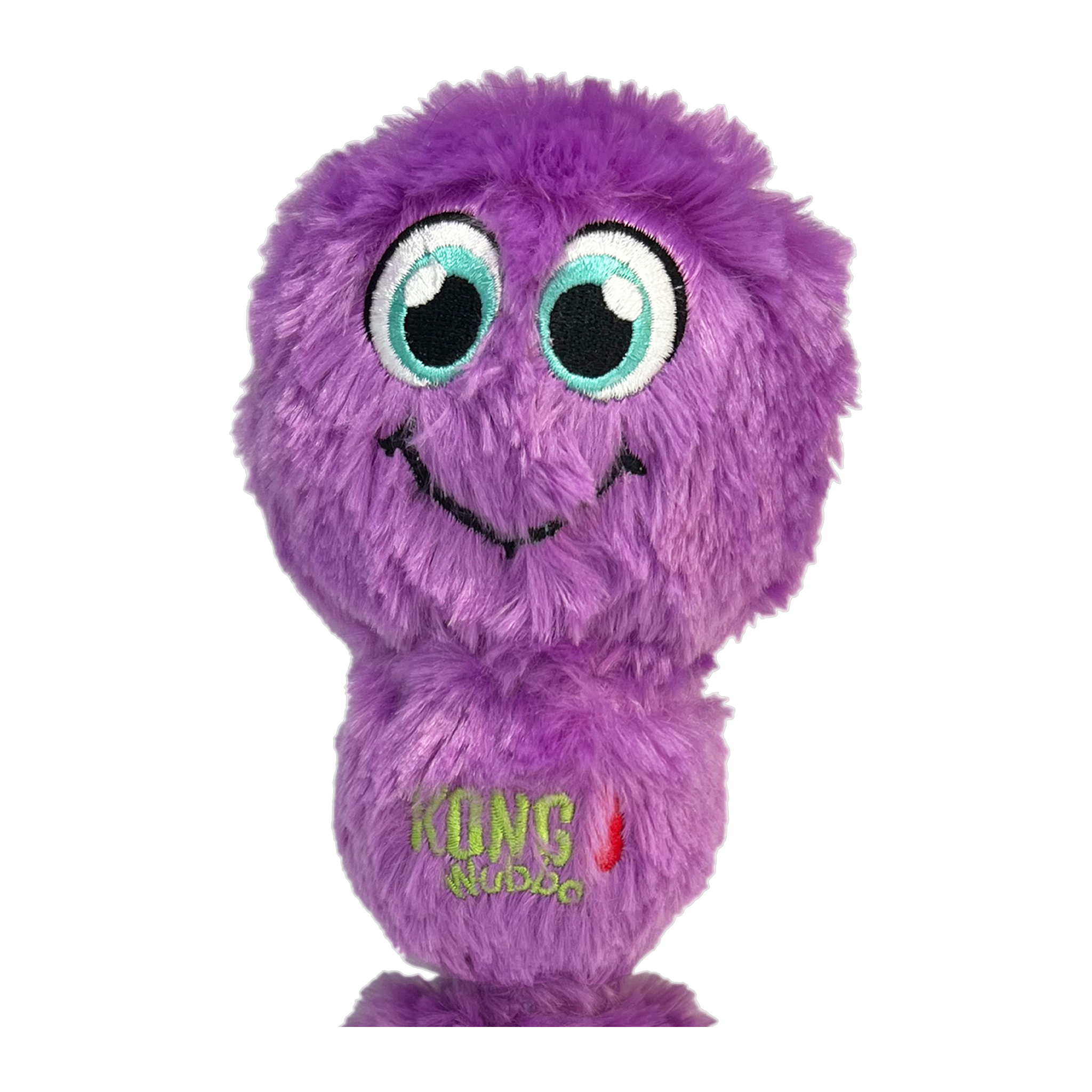 Close-up of KONG Wubba Octopus dog toy face with embroidered eyes, purple