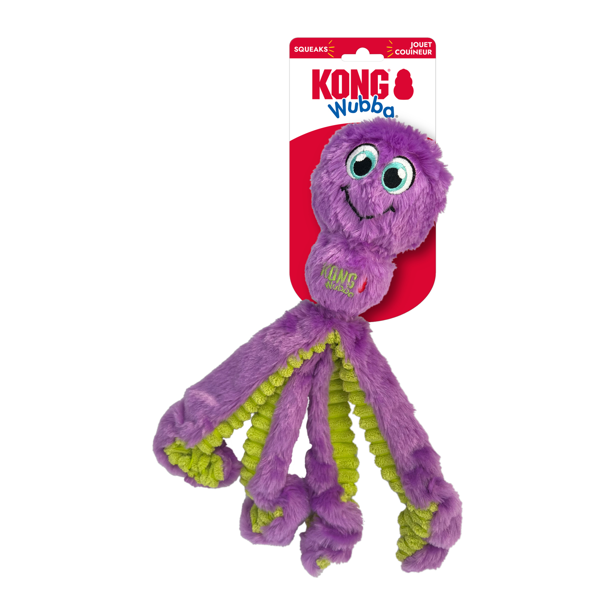 KONG Wubba Octopus dog toy on retail packaging card, purple