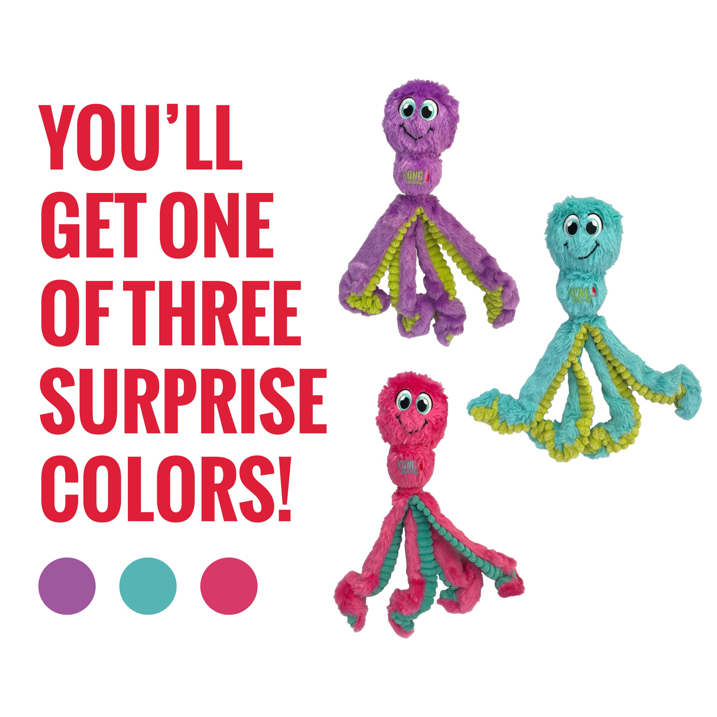 KONG Wubba Octopus dog toy ships in one of three surprise colors, purple, teal, or pink