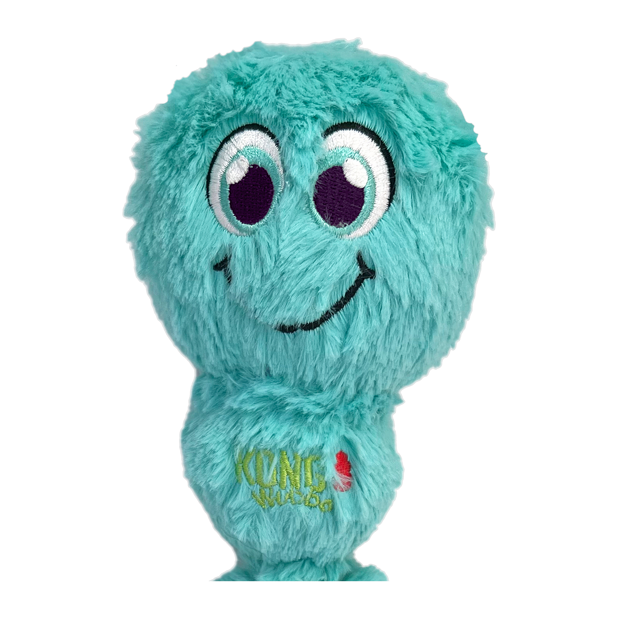 Close-up of KONG Wubba Octopus dog toy face with embroidered eyes, teal
