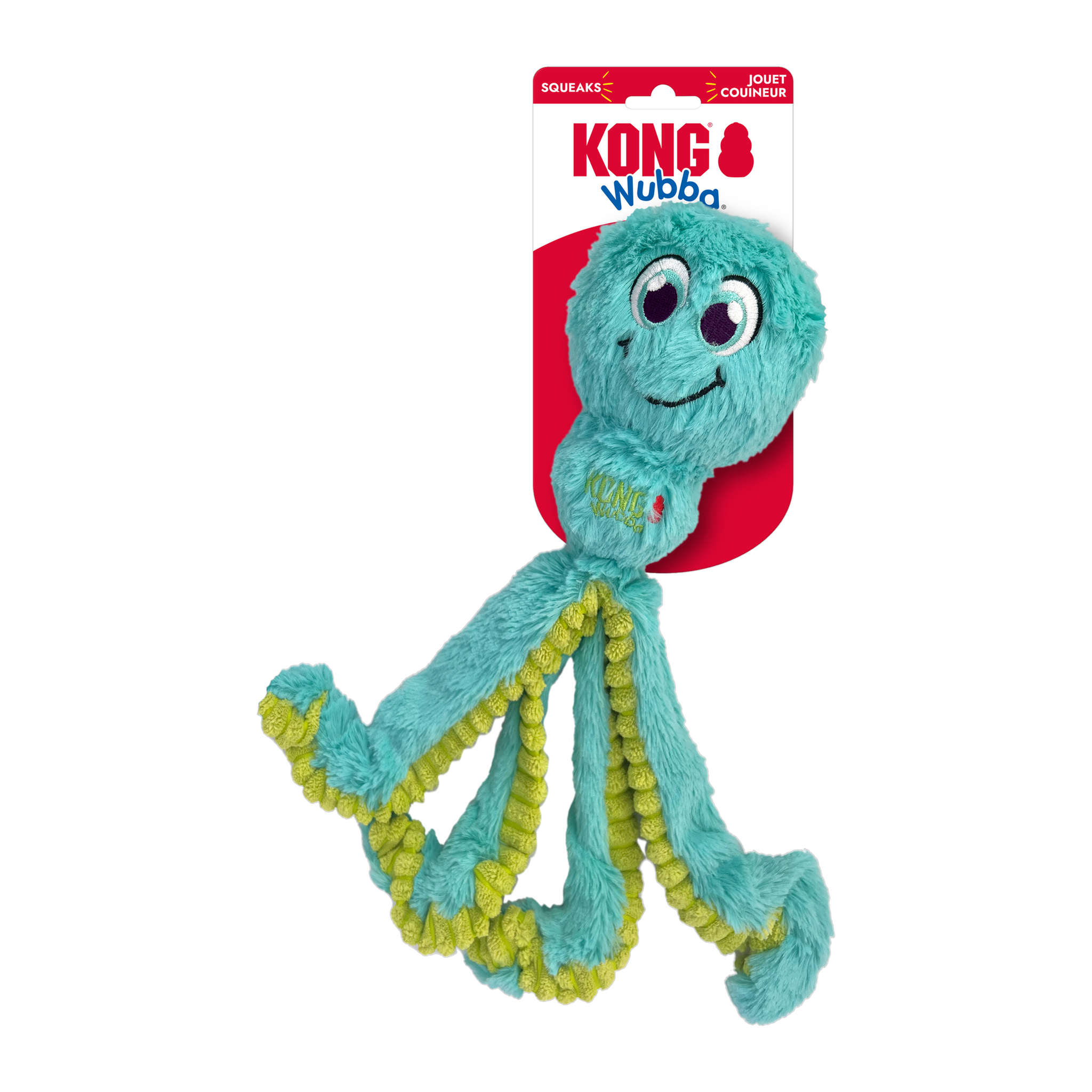 KONG Wubba Octopus dog toy on retail packaging card, teal