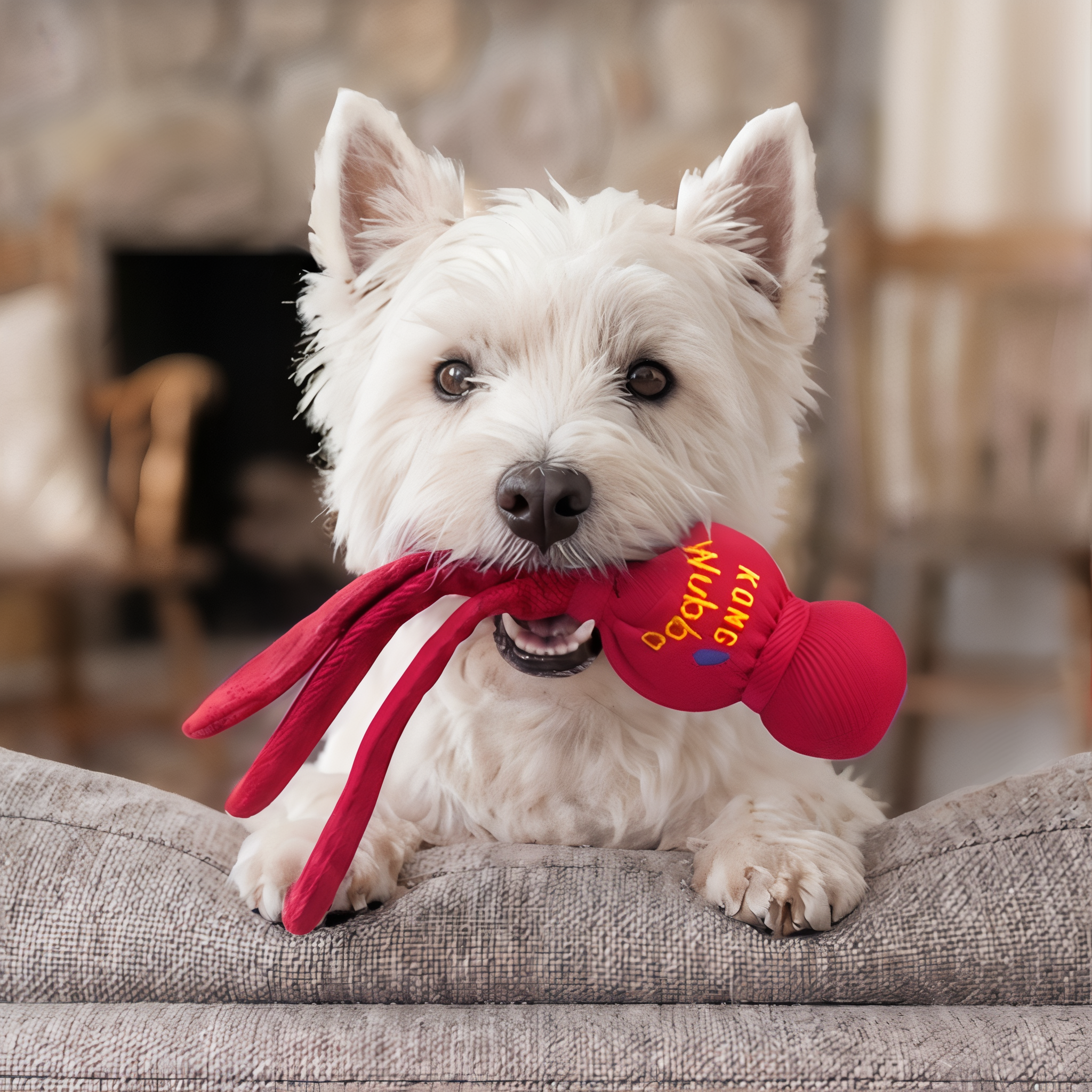 West Highland terrier carrying a red KONG Wubba dog toy
