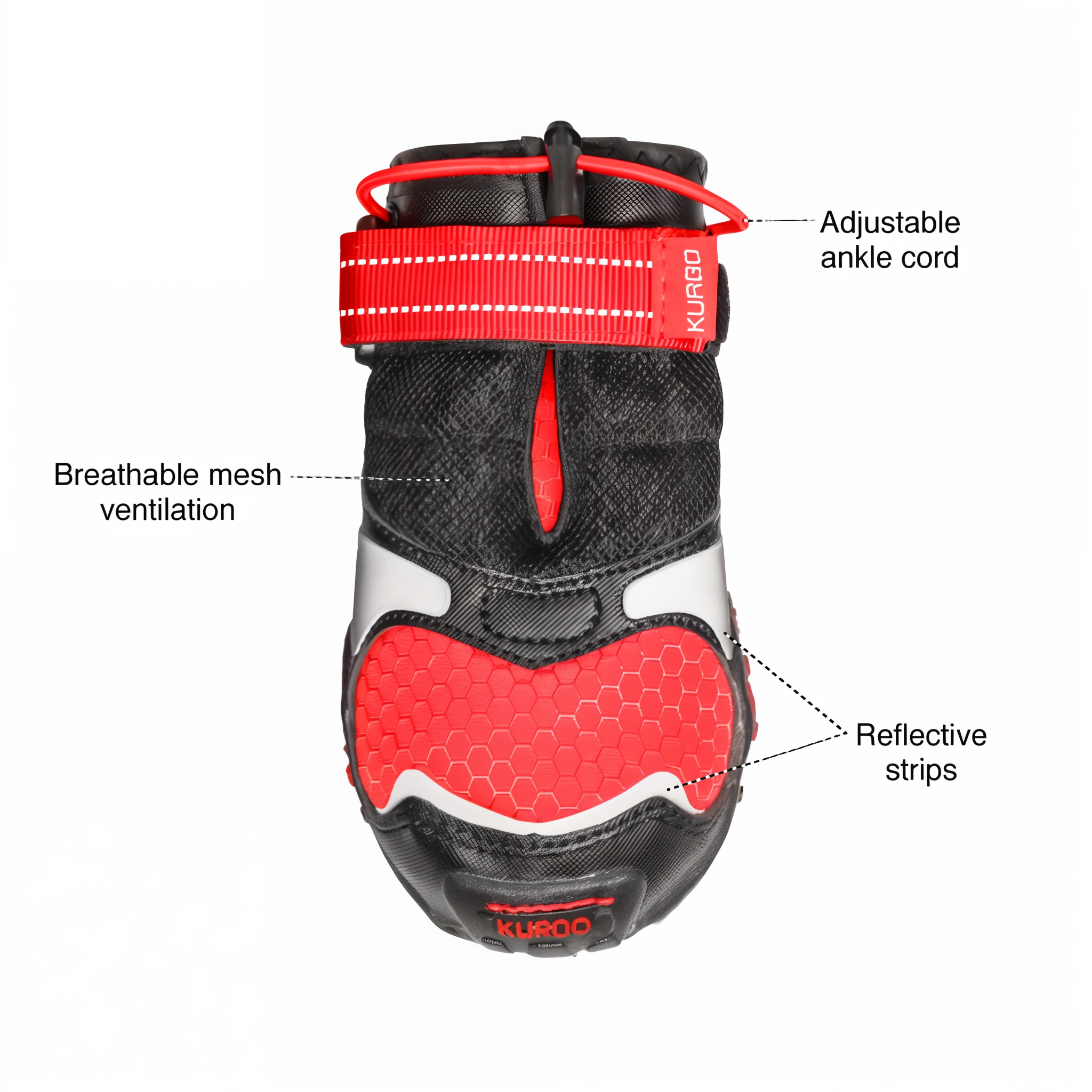 Kurgo Blaze Dog Boot features: adjustable ankle cord, breathable mesh, reflective strips