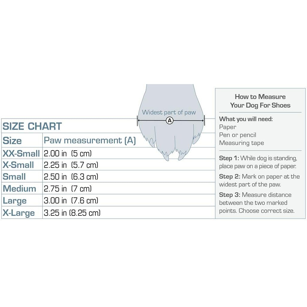 Kurgo Blaze Dog Boots size chart by paw width with measuring instructions