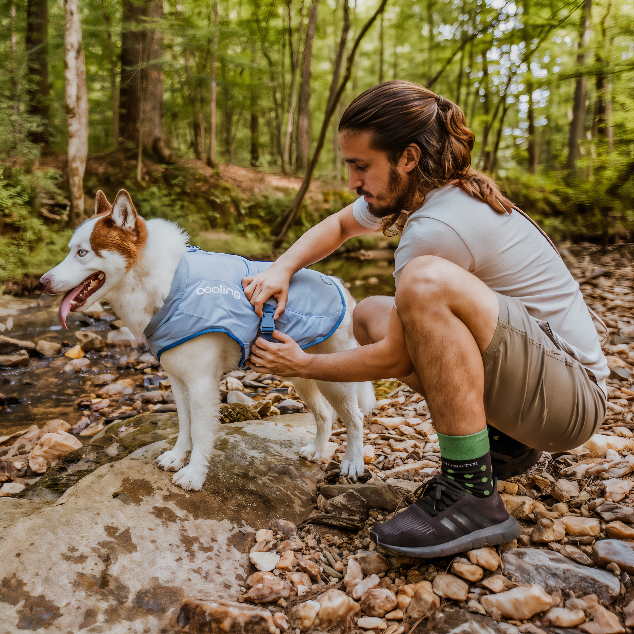 Dog wearing the Kurgo Core Cooling Vest on a summer walk