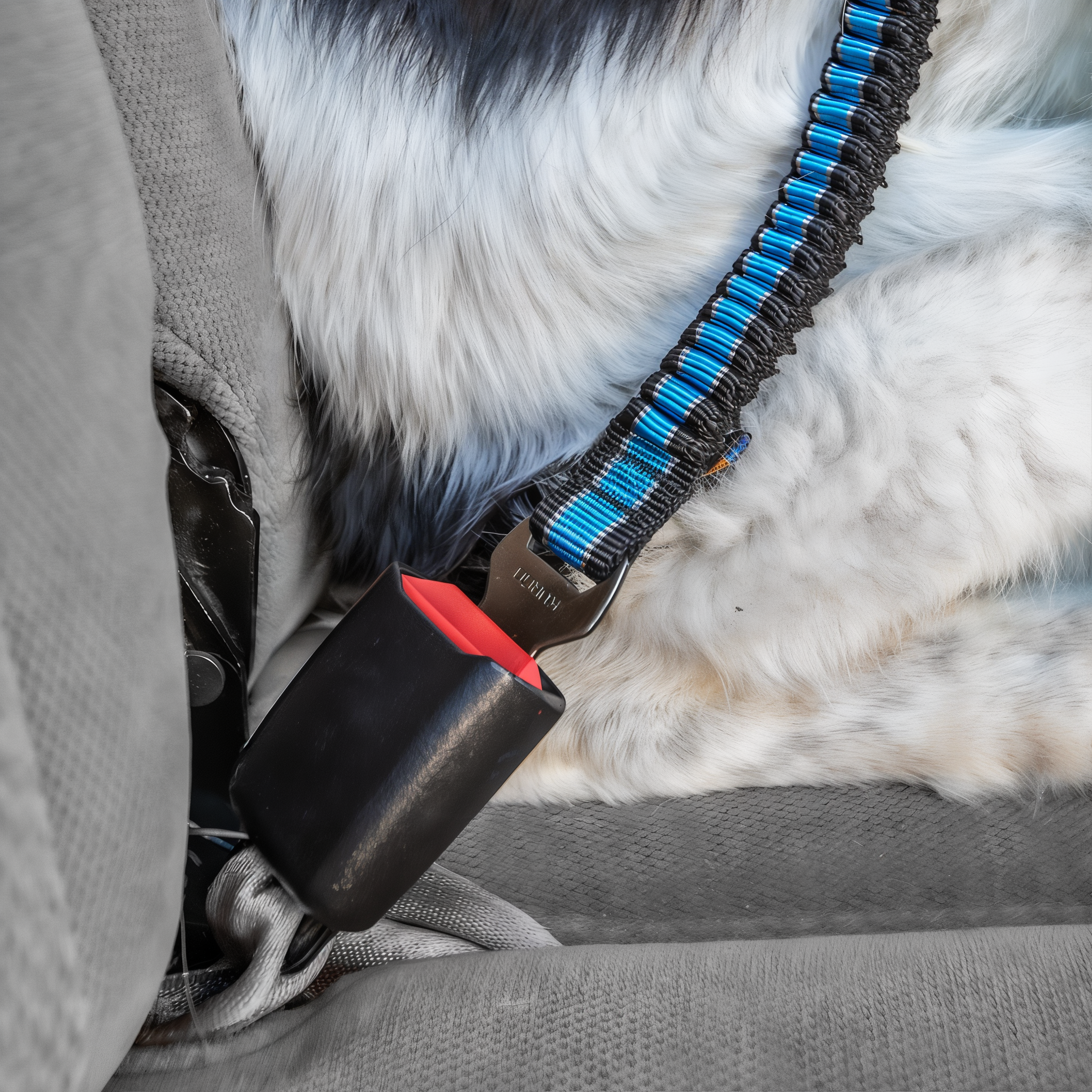 Close-up of the Kurgo Bungee Tether clipped to a dog harness in a car