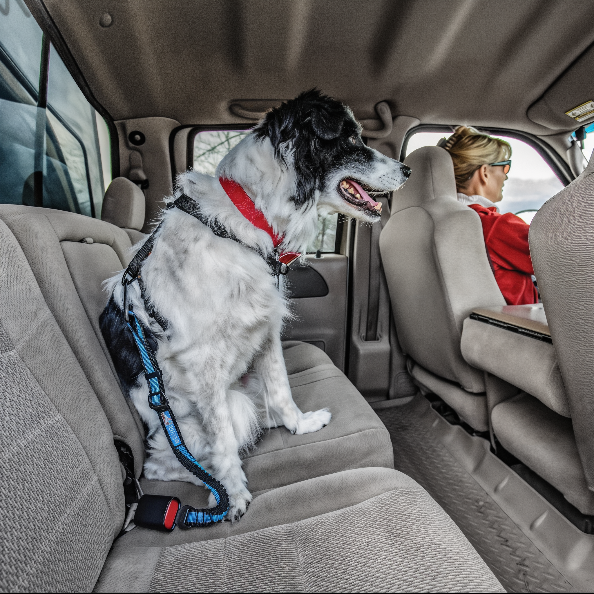 Dog in the back seat restrained by a Kurgo Bungee Seatbelt Tether