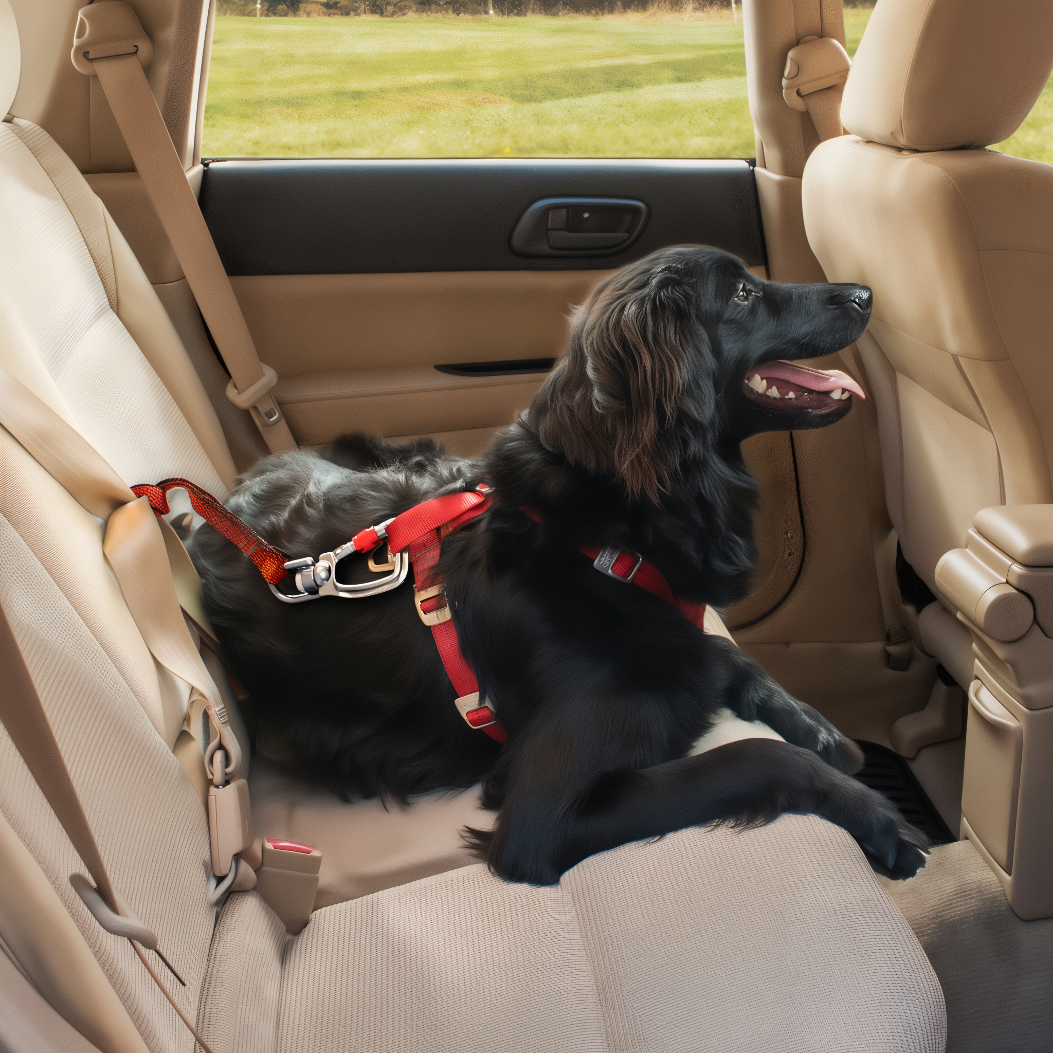 Dog resting on a back seat secured by the Kurgo swivel tether
