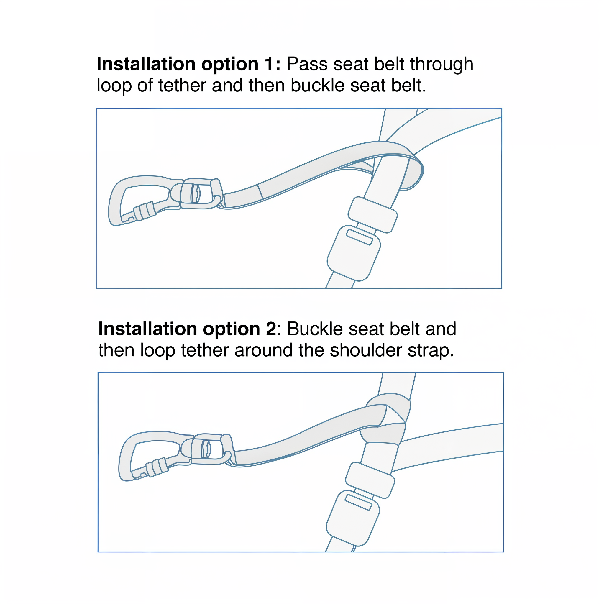 Diagram of the two seat belt installation options for the swivel tether