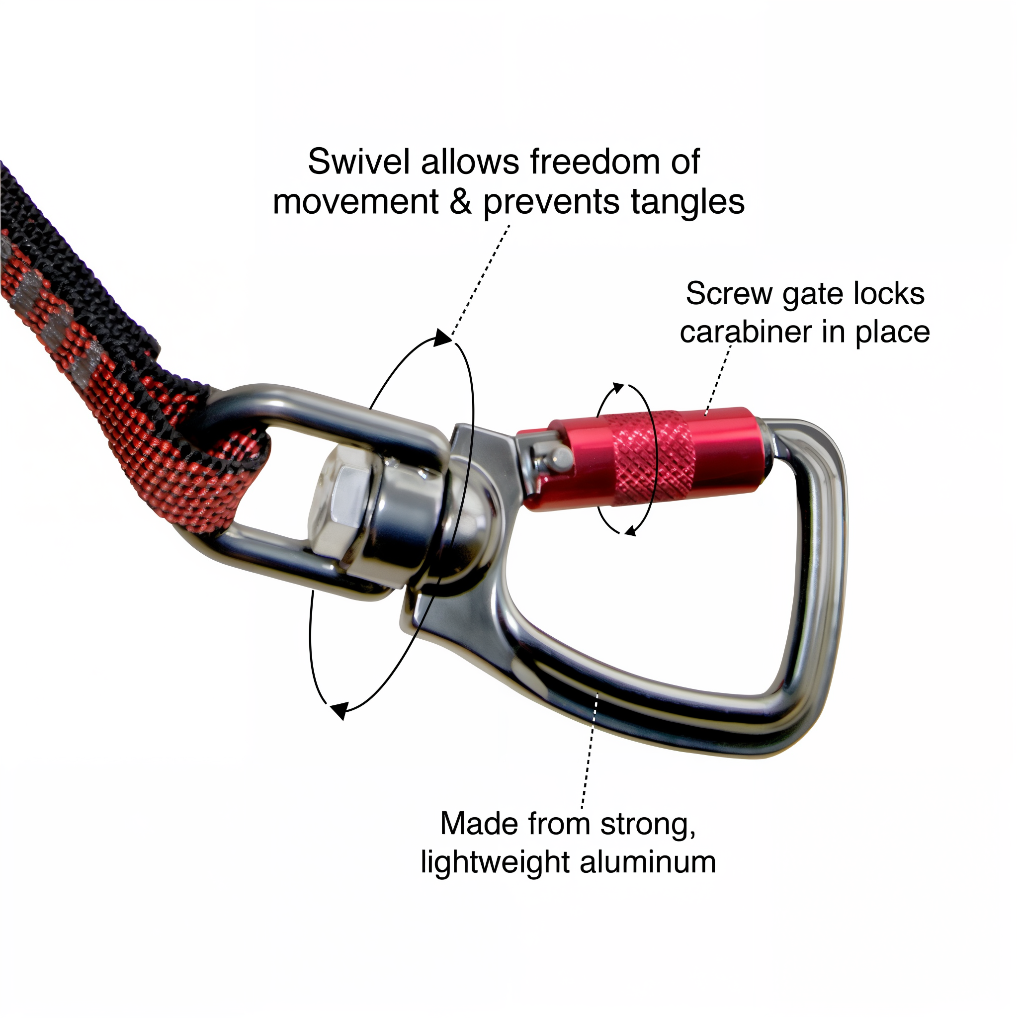 Locking swivel carabiner feature callouts on the Kurgo seat belt tether