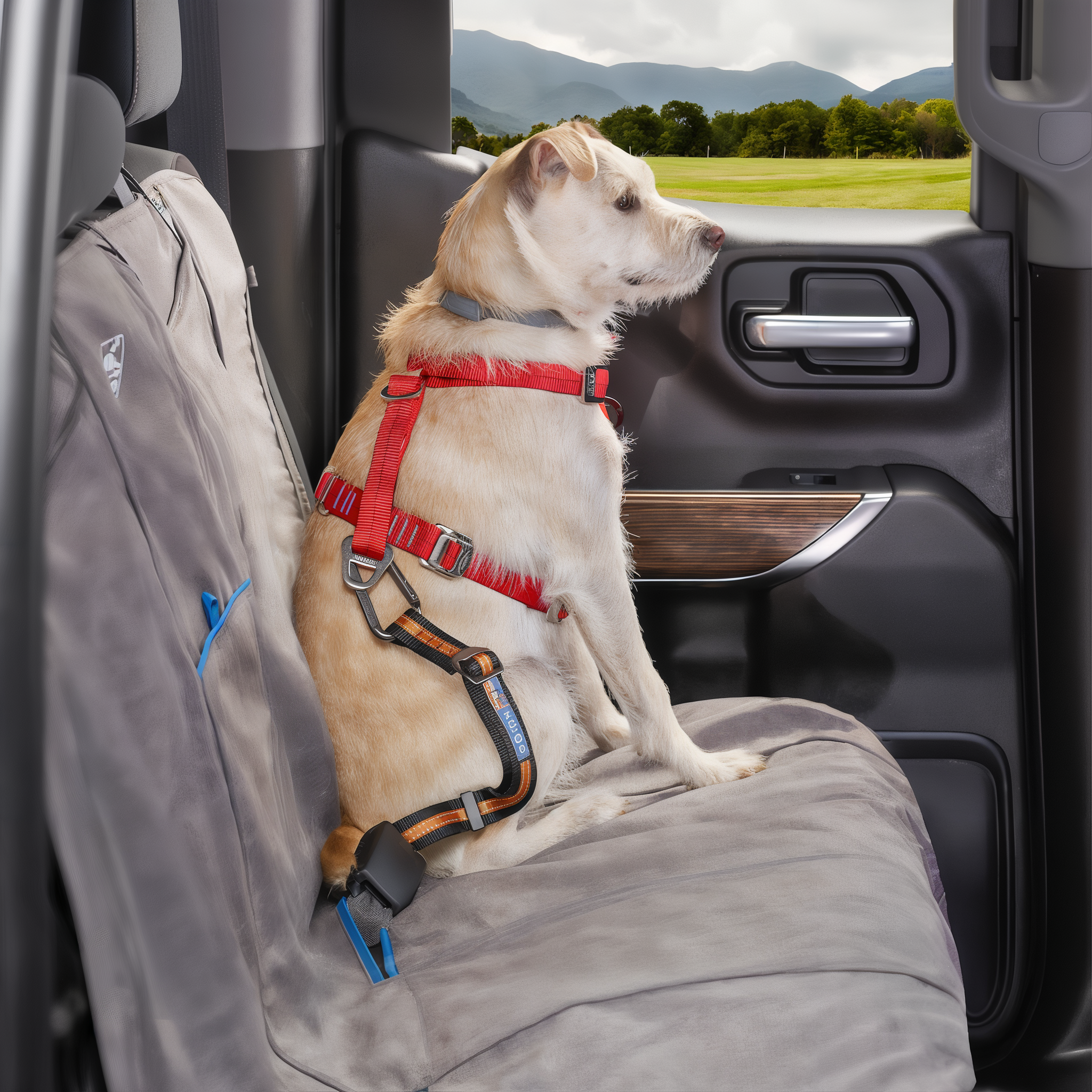 Orange Kurgo seatbelt tether clipped to a dog harness in the back seat