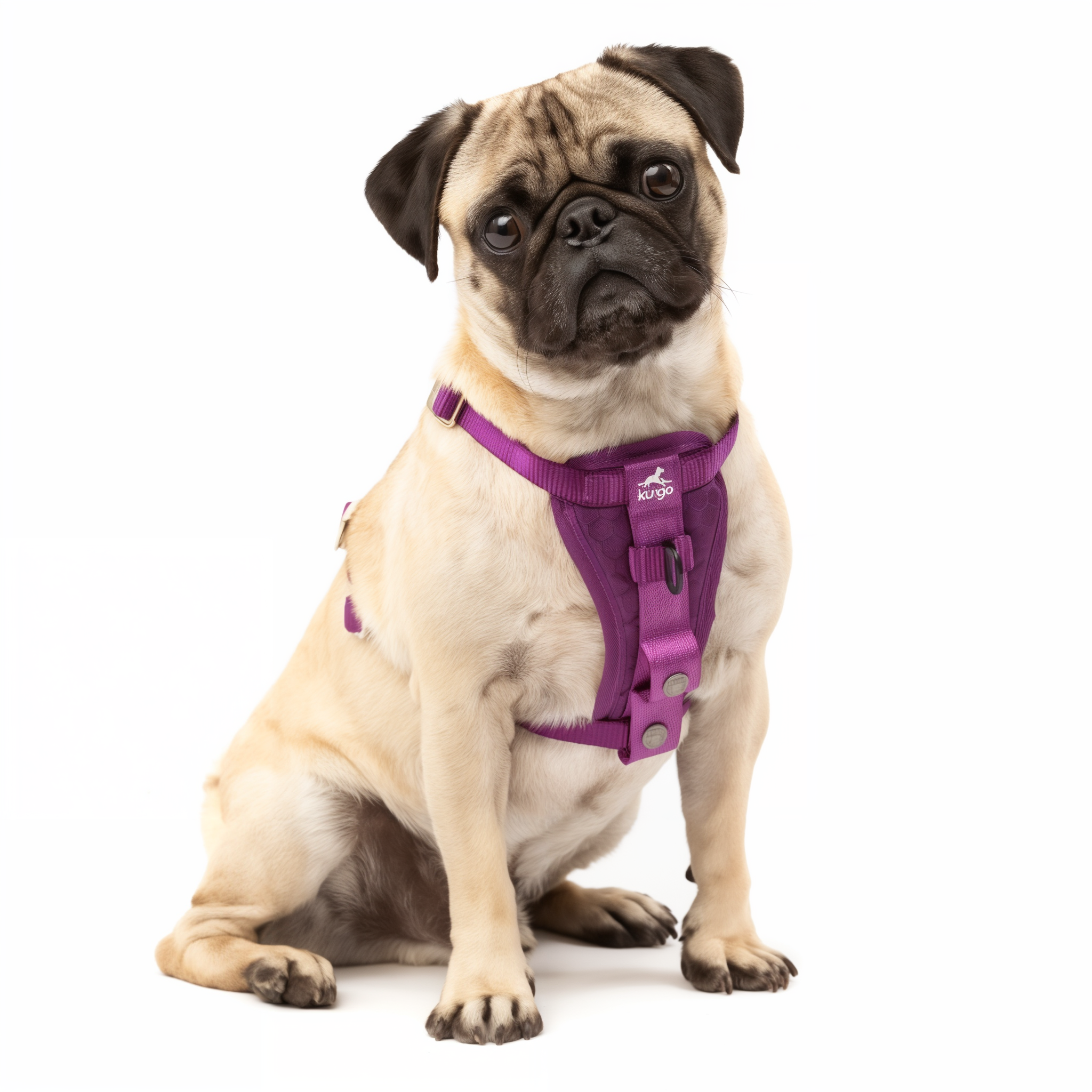Dog buckled into a back seat with the Tru-Fit harness, violet colorway shown