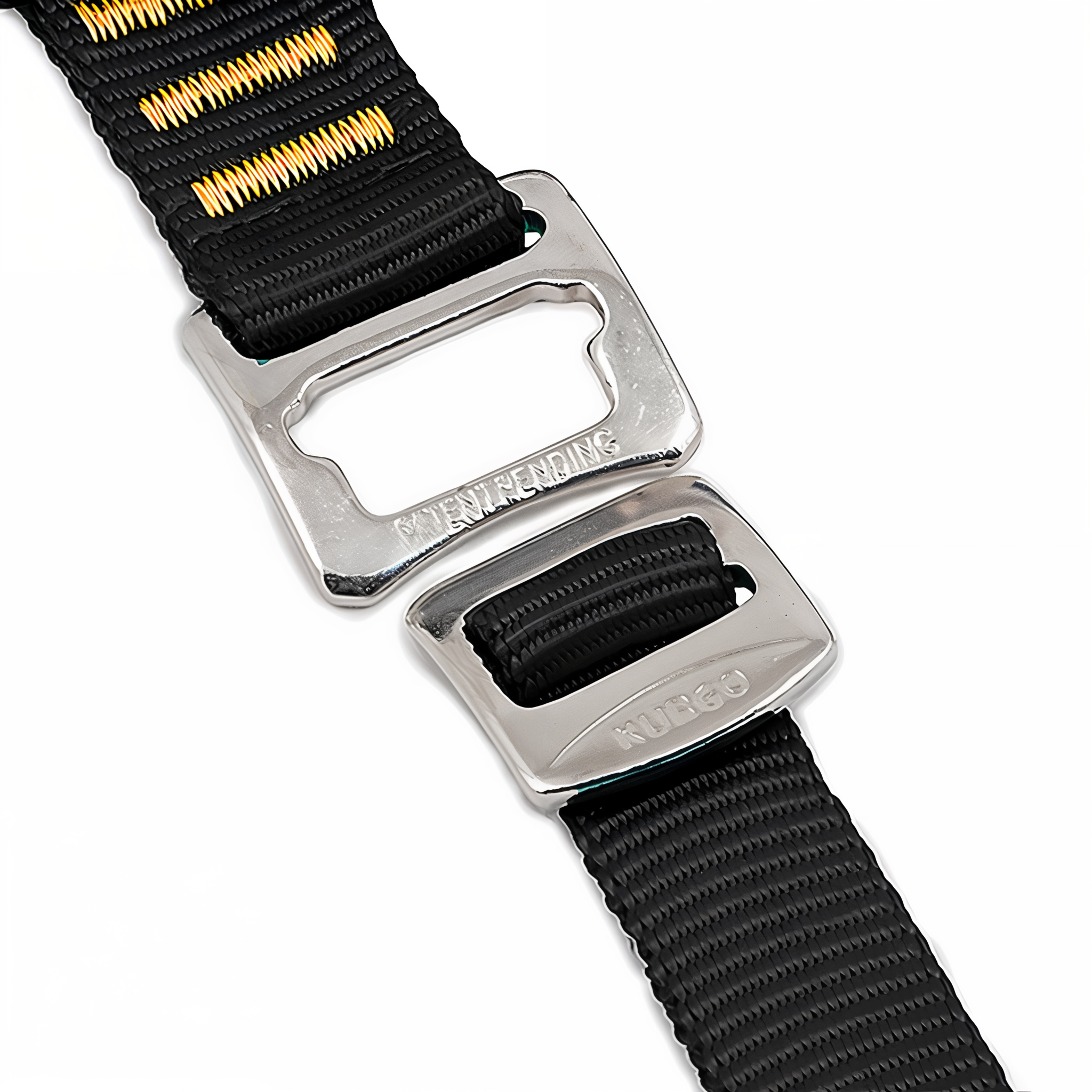 Close-up of the all-steel nested buckle on the Tru-Fit harness
