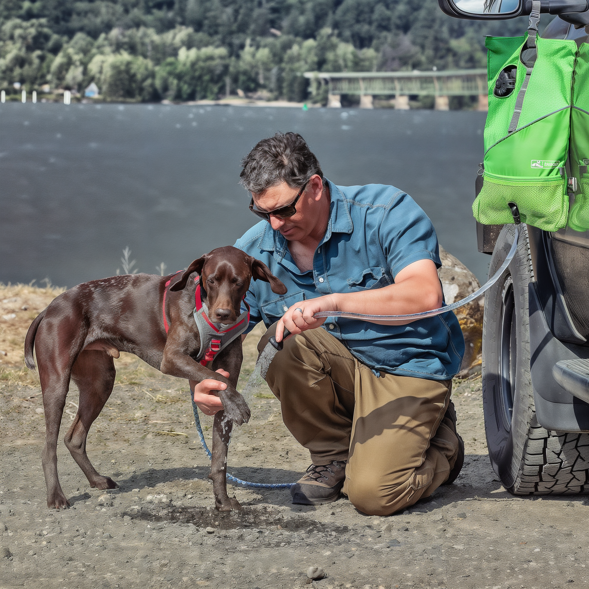 Owner rinsing a muddy dog with the Kurgo Go Shower hung from a tailgate