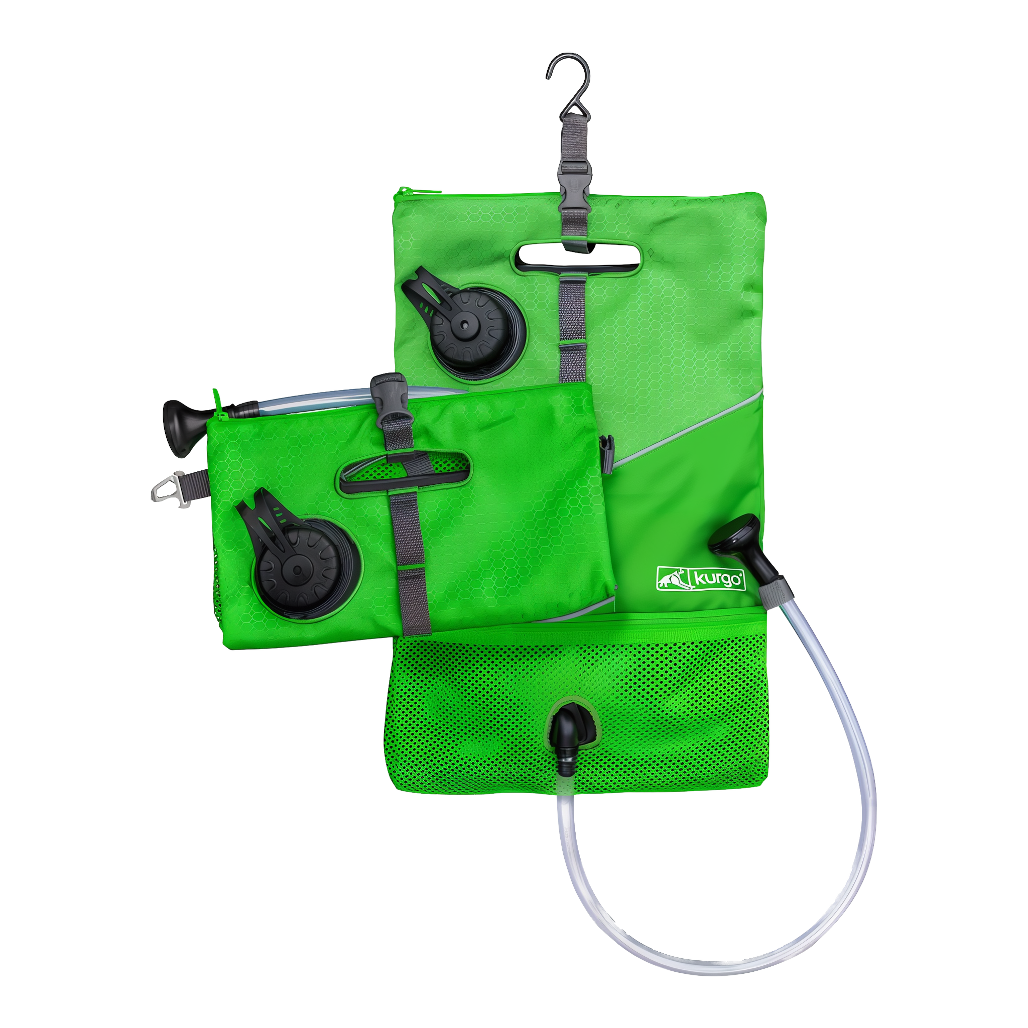 Kurgo Go Shower portable dog shower bag shown full and rolled up