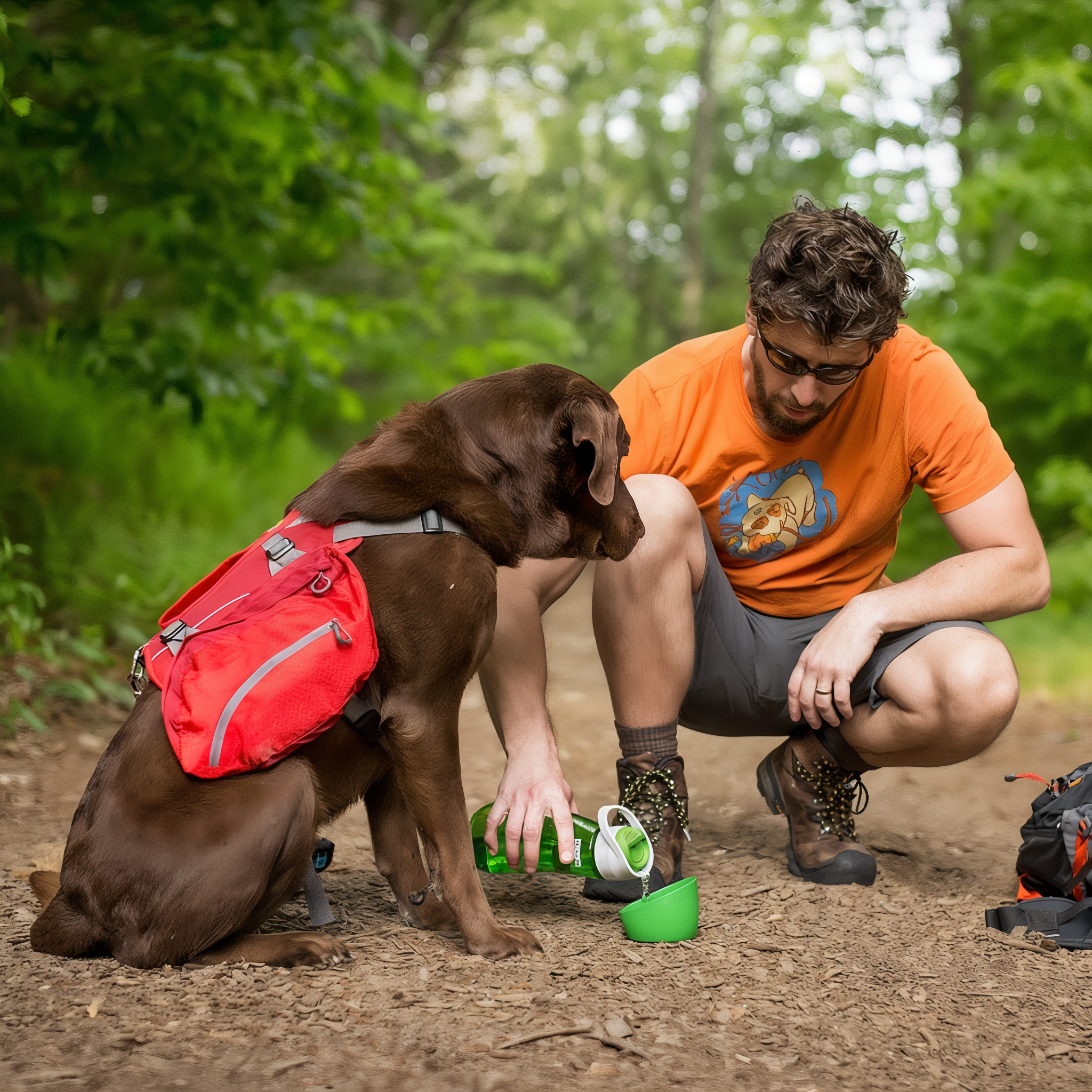 Hiker giving a dog water from the Kurgo Gourd bottle on a trail