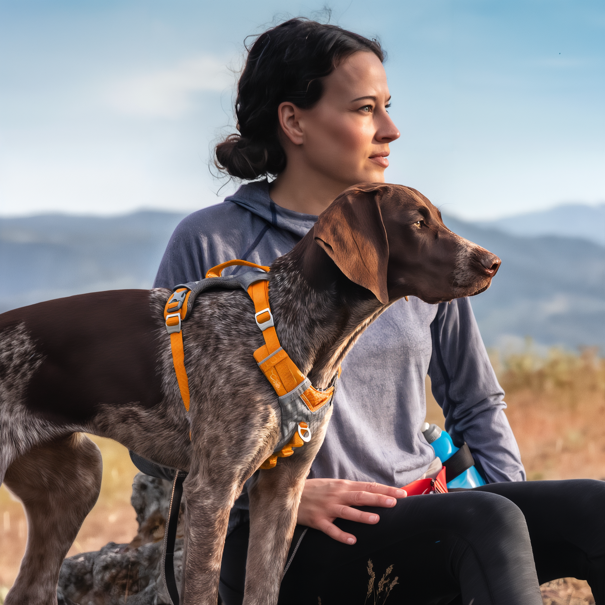 Dog in an orange Kurgo Journey Air harness on a mountain trail